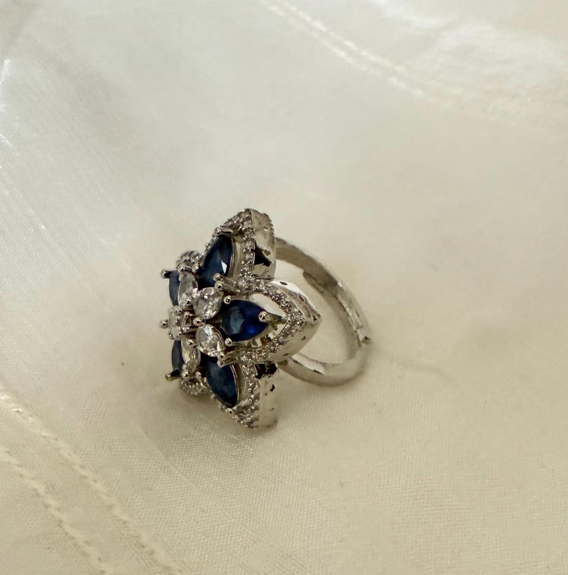 Blue Floral Statement Ring | Gemstone Cocktail Ring | Desi Engagement Ring | Bold Adjustable Ring for Women - Image 2