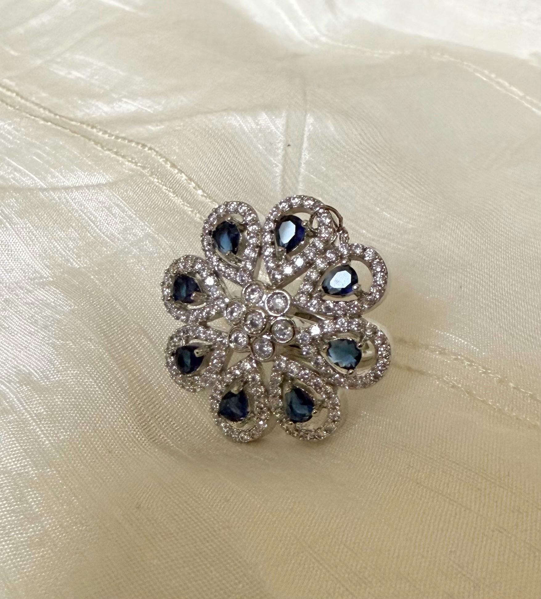 Blue Teardrop Floral Ring | Adjustable Statement Ring for Women | South Asian Cocktail Ring | Desi Wedding Jewelry - Image 4