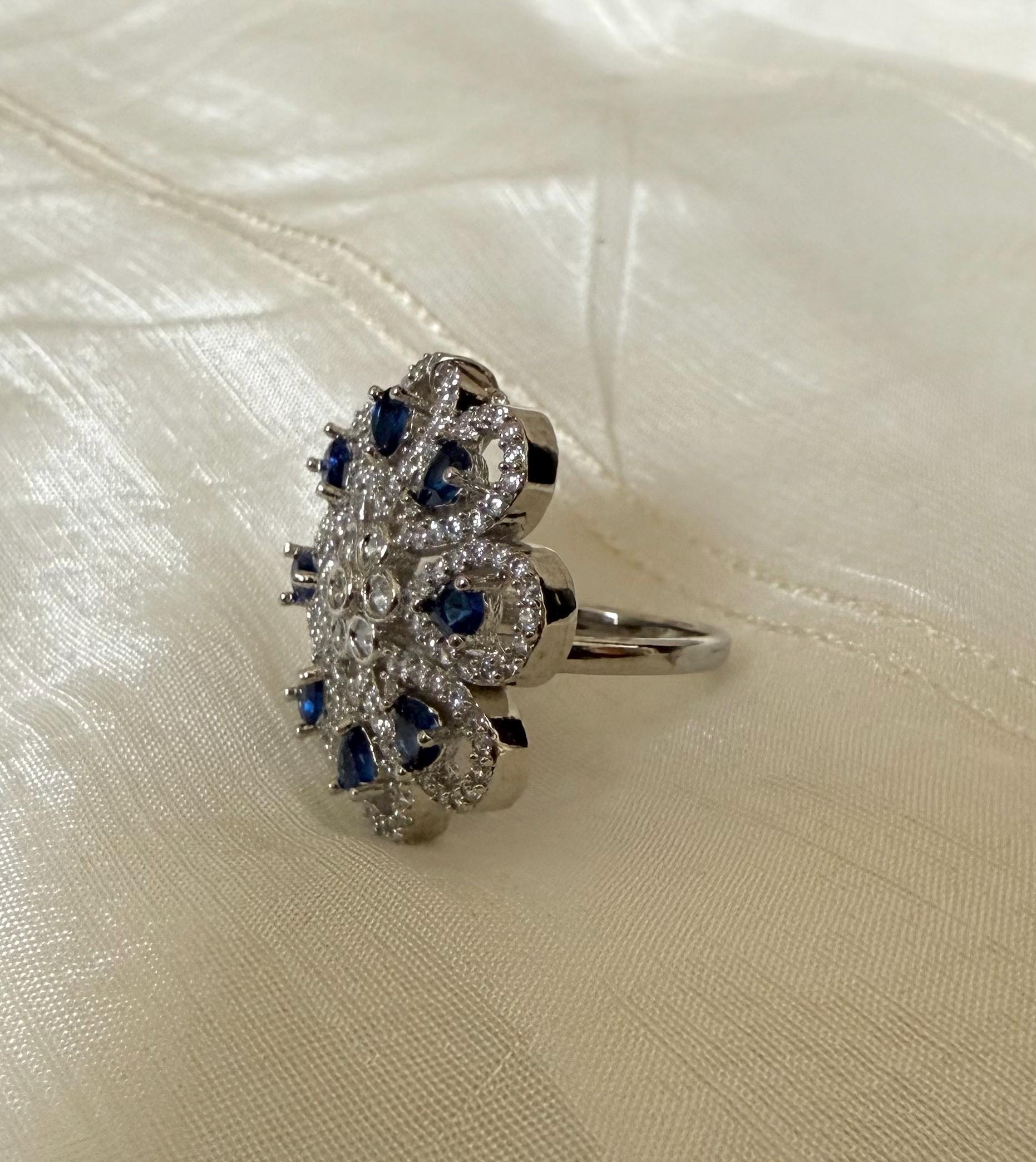 Blue Teardrop Floral Ring | Adjustable Statement Ring for Women | South Asian Cocktail Ring | Desi Wedding Jewelry - Image 5