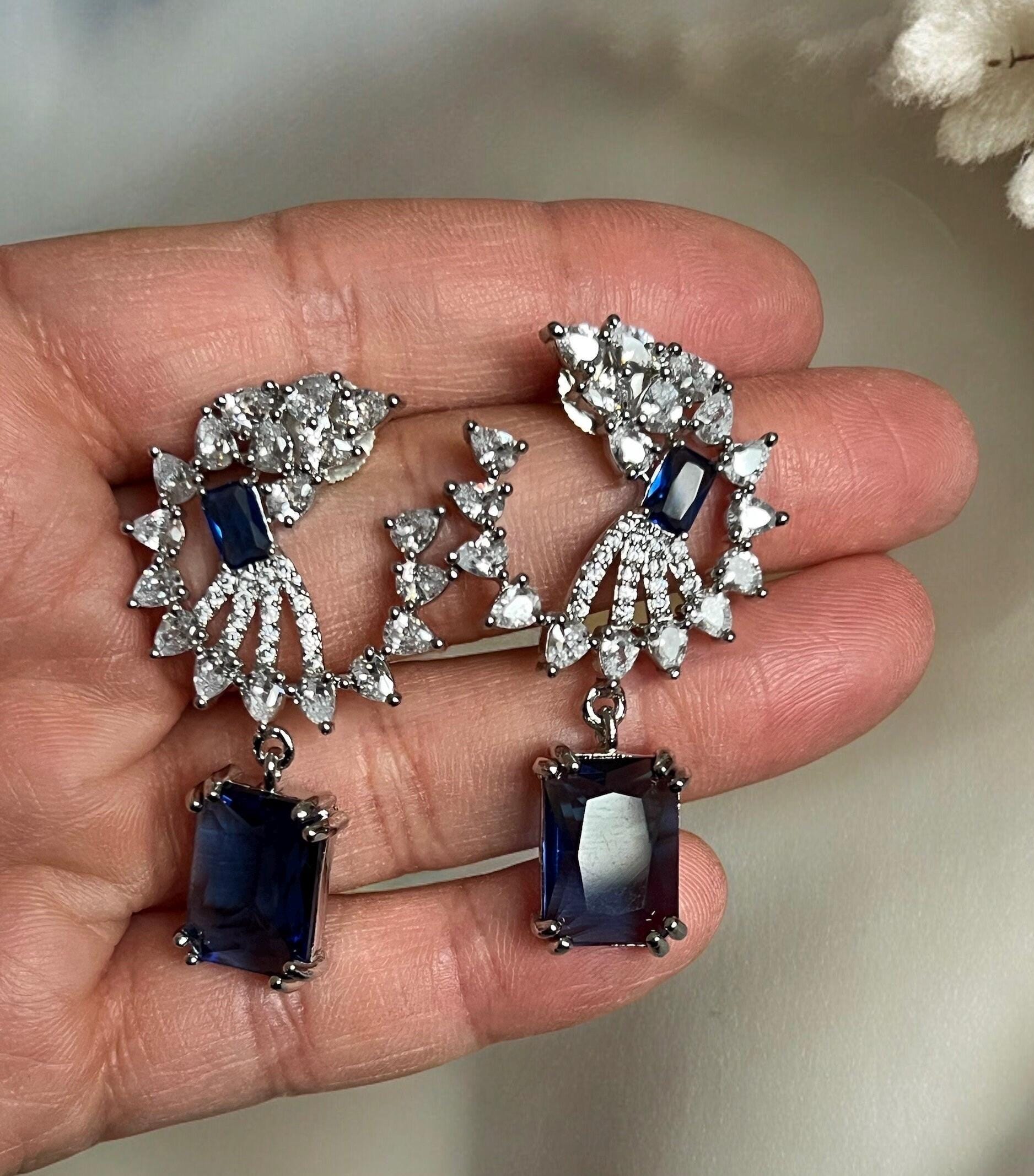 Sapphire Blue Drop Earrings ? Cubic Zirconia Statement Dangles in Silver | Elegant Evening Jewelry