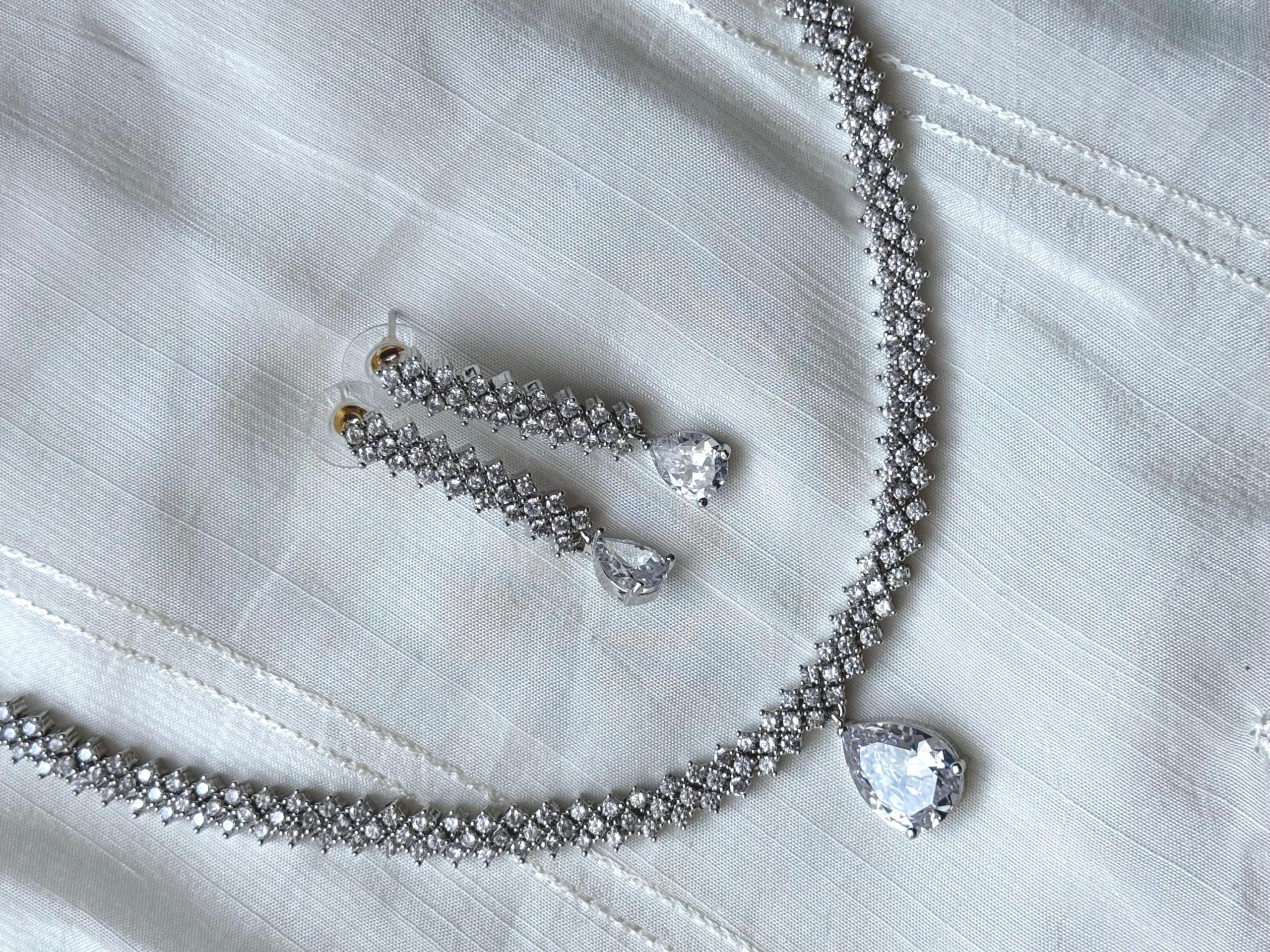 Bridal Diamond Necklace and Earring Set | Teardrop Wedding Jewelry | Sparkling CZ Bridal Set | Silver Statement Necklace for Bride