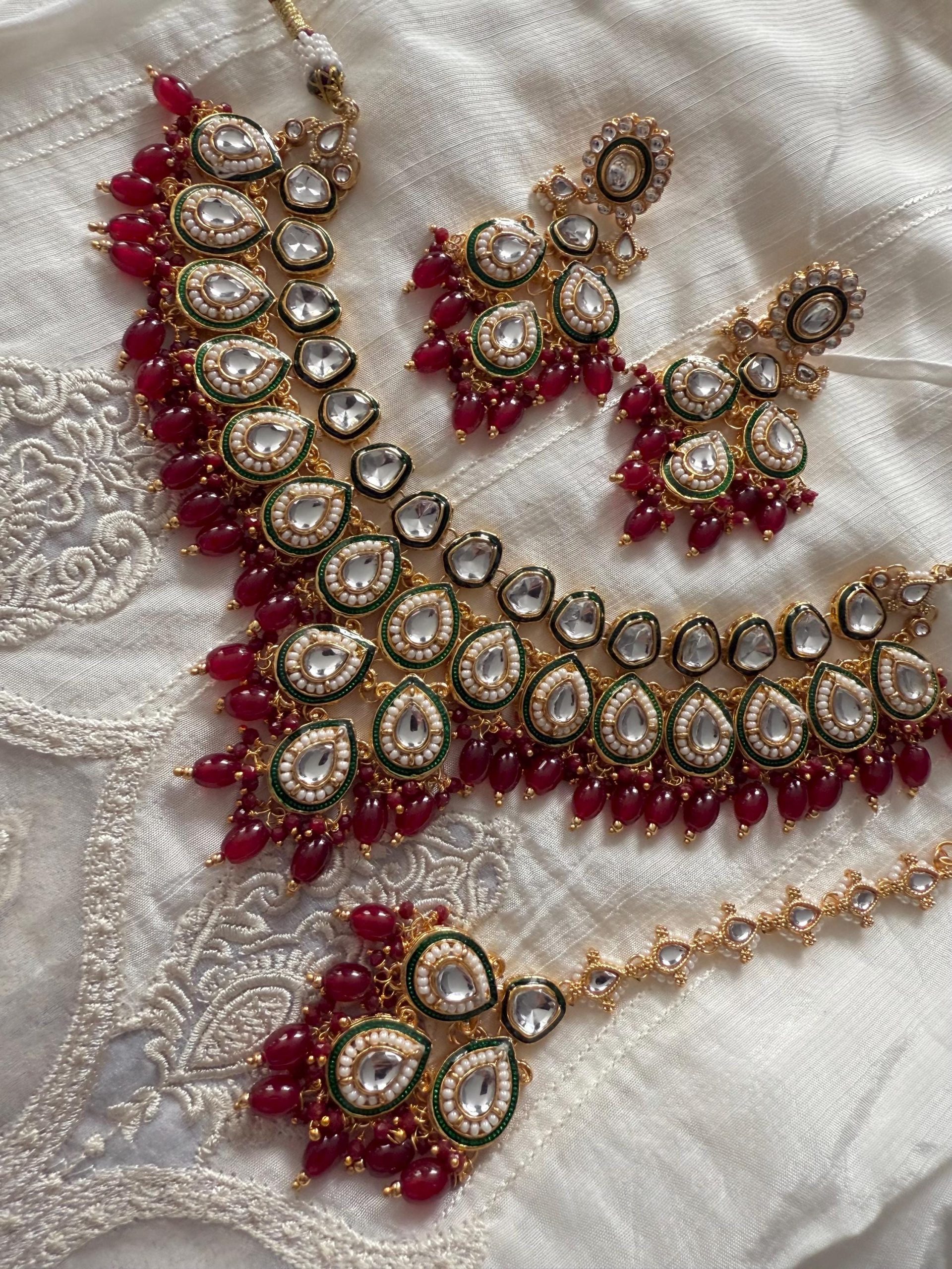 Grand Kundan Bridal Necklace Set ? Green & Maroon Stones, Gold Indian Jewelry with Earrings and Tikka
