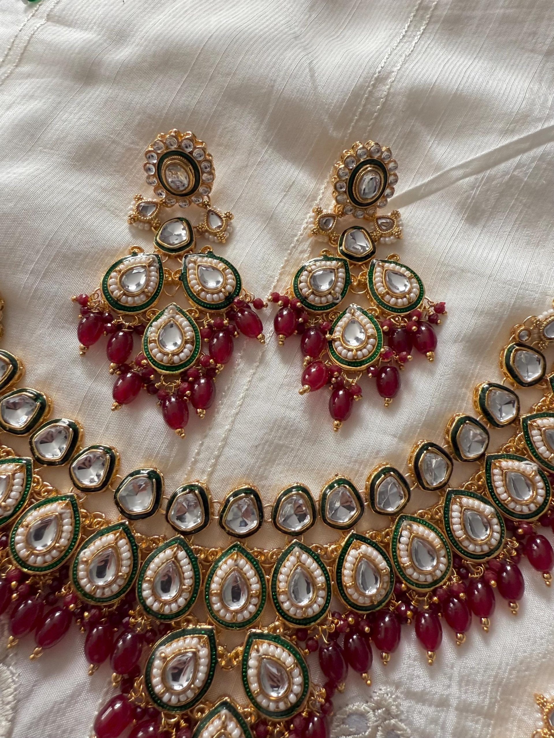 Grand Kundan Bridal Necklace Set ? Green & Maroon Stones, Gold Indian Jewelry with Earrings and Tikka - Image 2