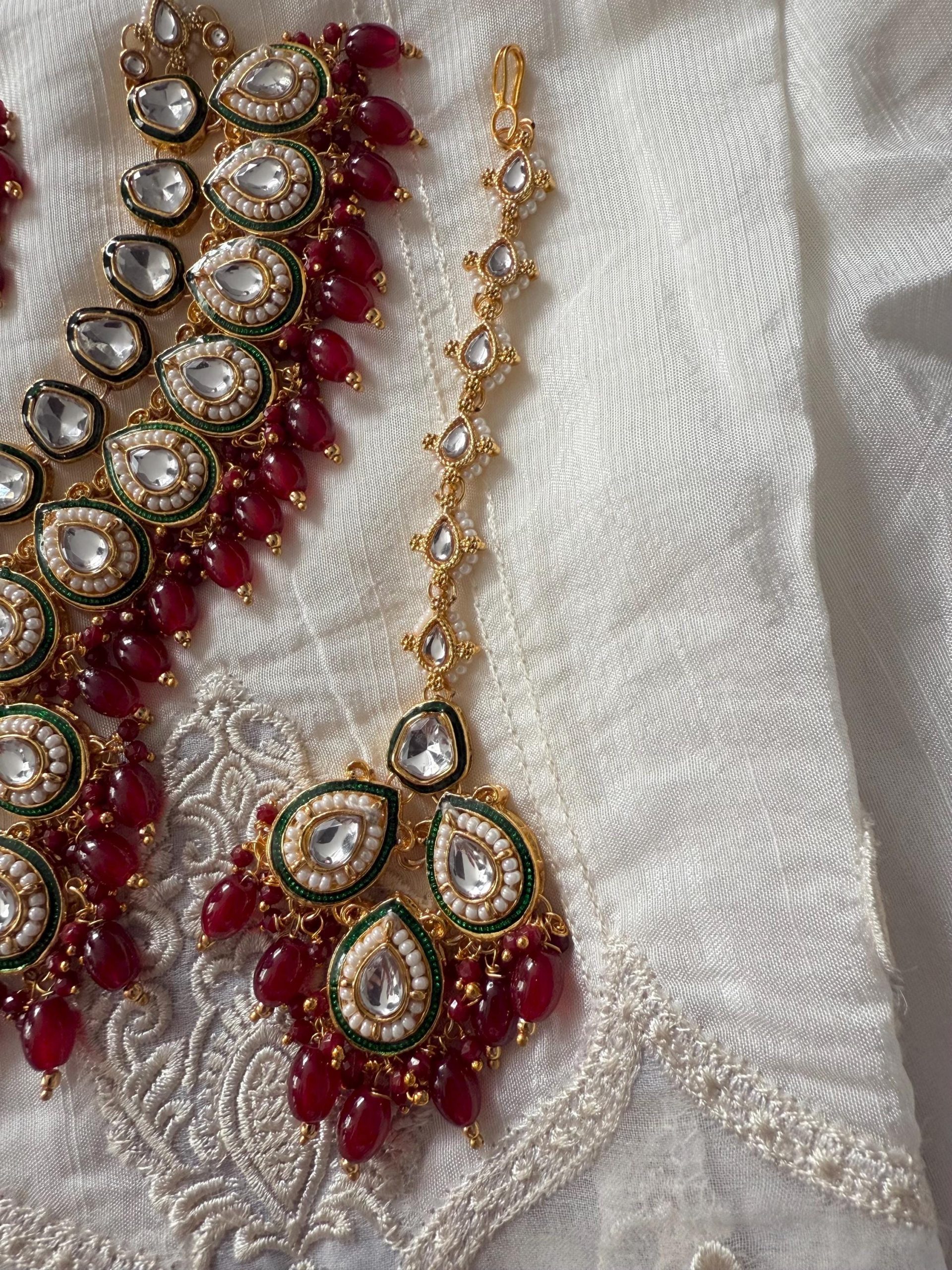 Grand Kundan Bridal Necklace Set ? Green & Maroon Stones, Gold Indian Jewelry with Earrings and Tikka - Image 3