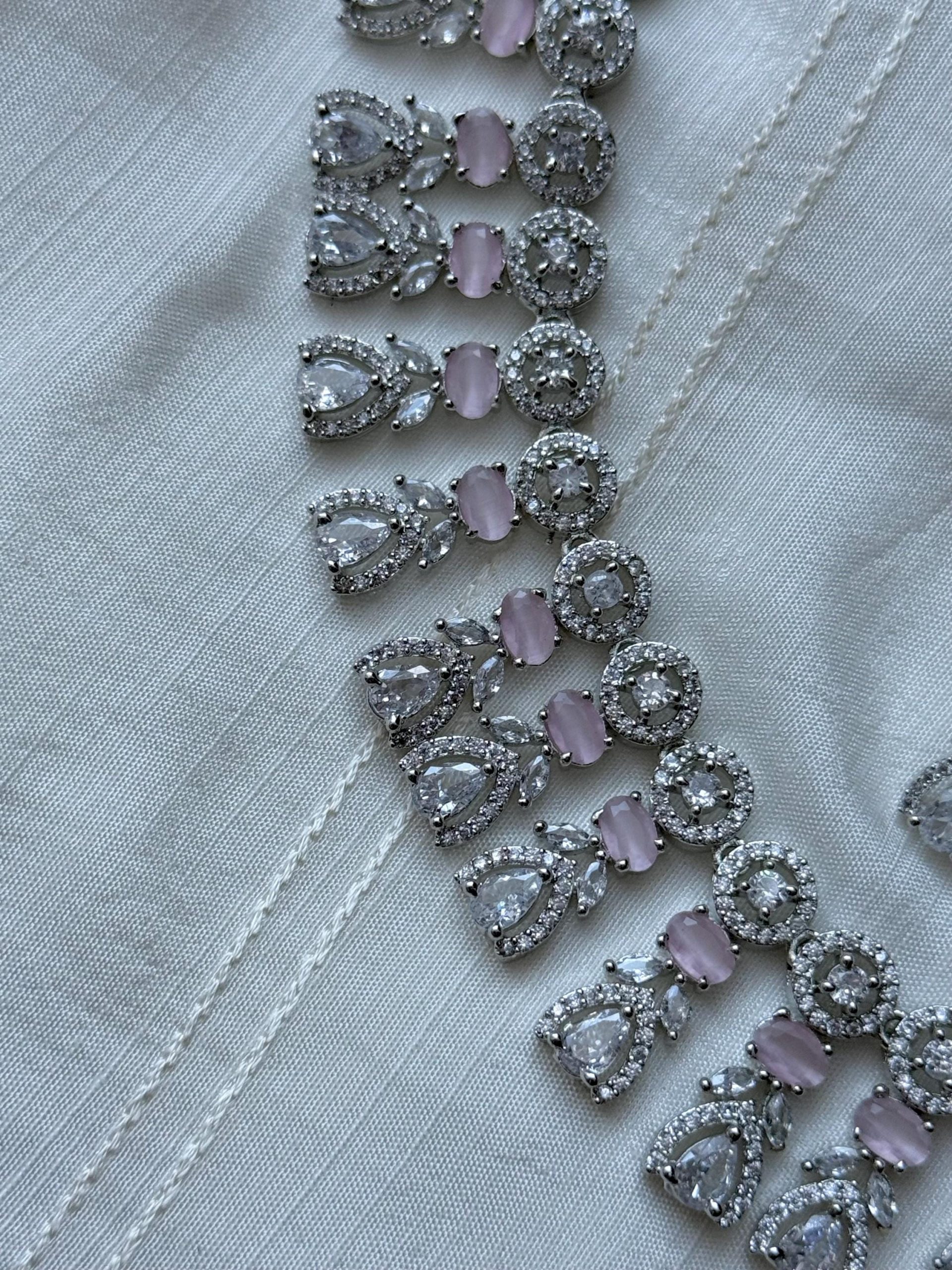 Silver Pink Crystal Necklace Set | Elegant Bridal Jewelry | Statement Choker with Earrings | Indian Wedding Jewelry | Party Jewelry Set - Image 4