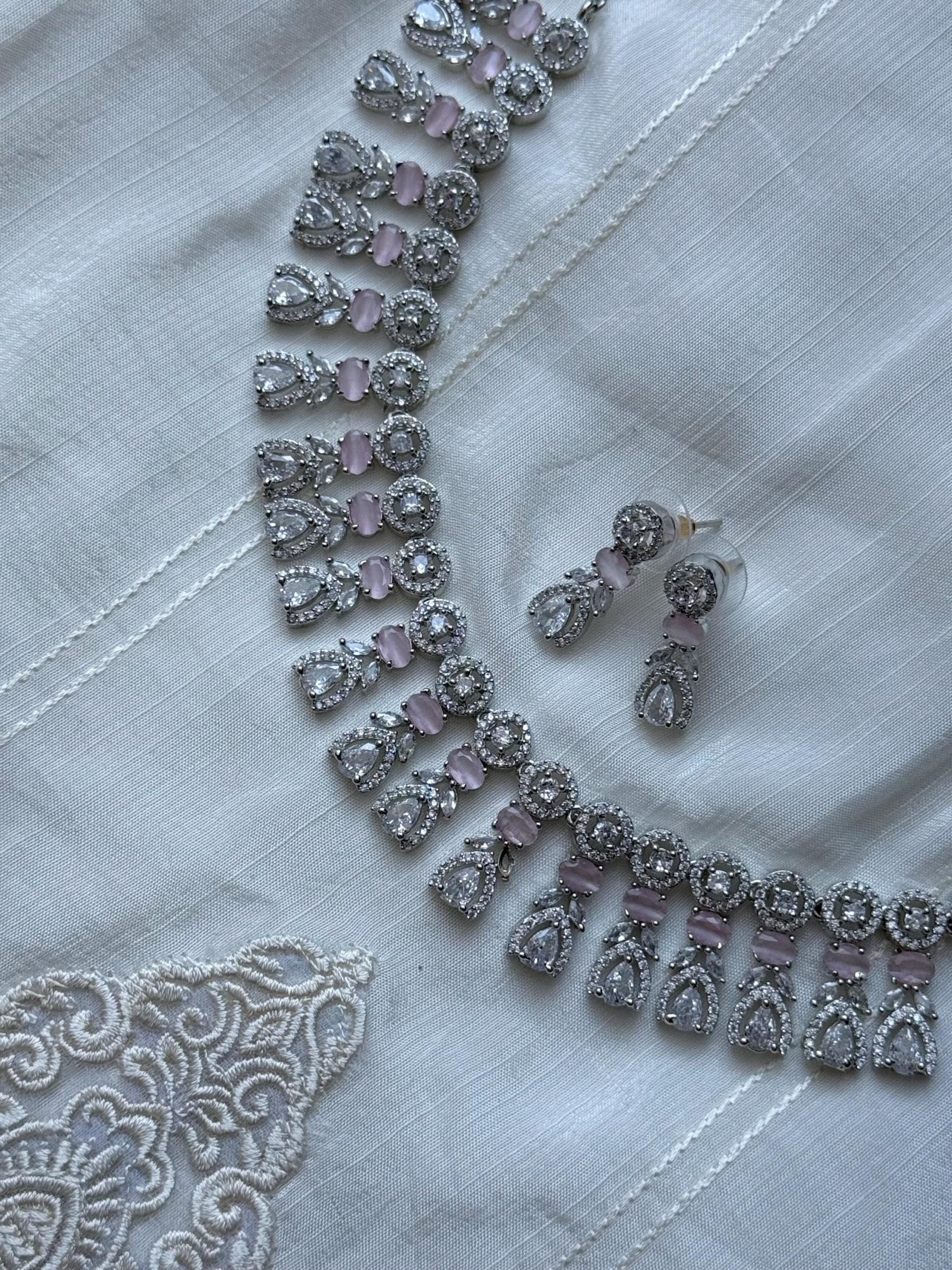Silver Pink Crystal Necklace Set | Elegant Bridal Jewelry | Statement Choker with Earrings | Indian Wedding Jewelry | Party Jewelry Set - Image 2