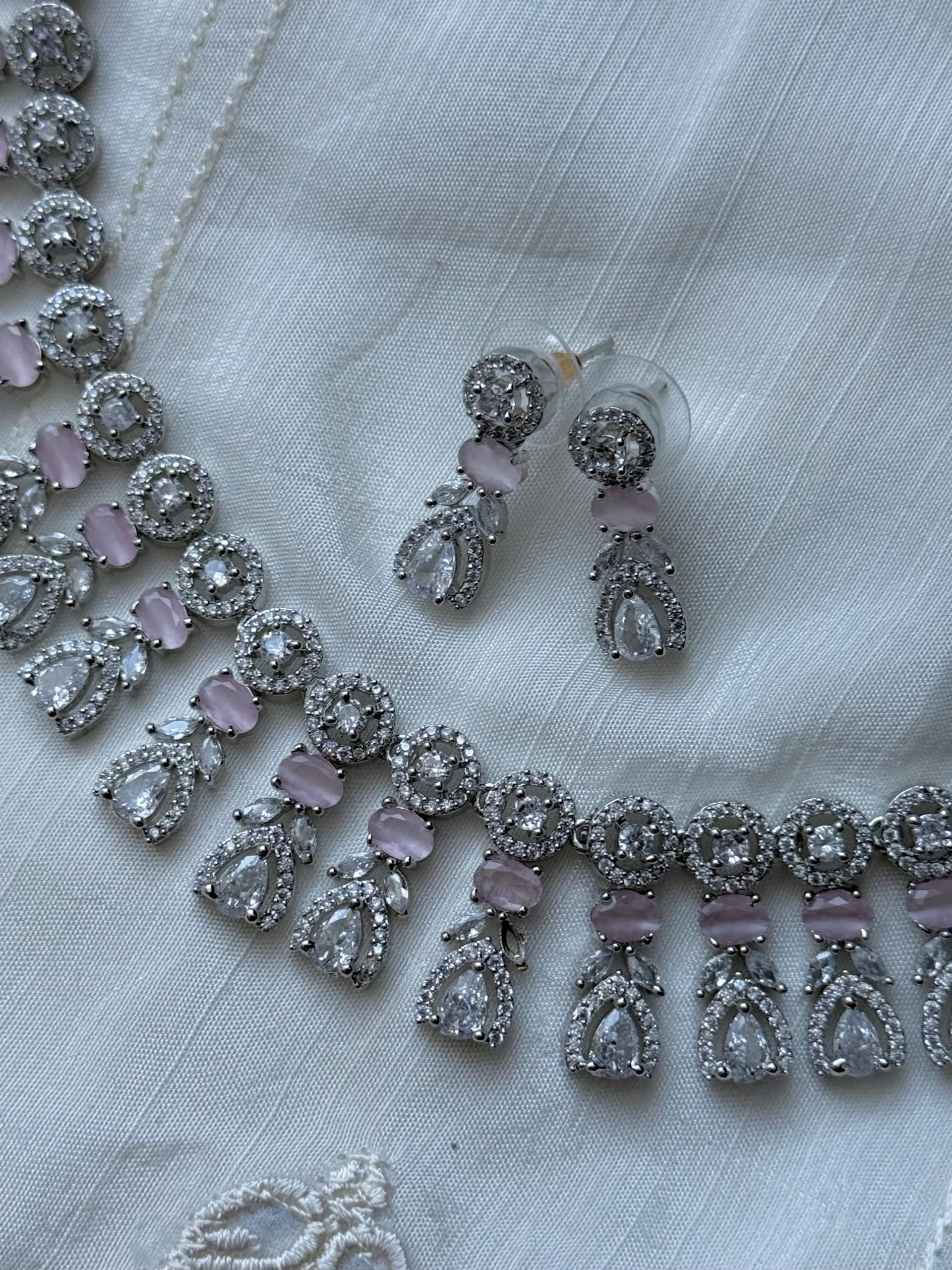 Silver Pink Crystal Necklace Set | Elegant Bridal Jewelry | Statement Choker with Earrings | Indian Wedding Jewelry | Party Jewelry Set - Image 3