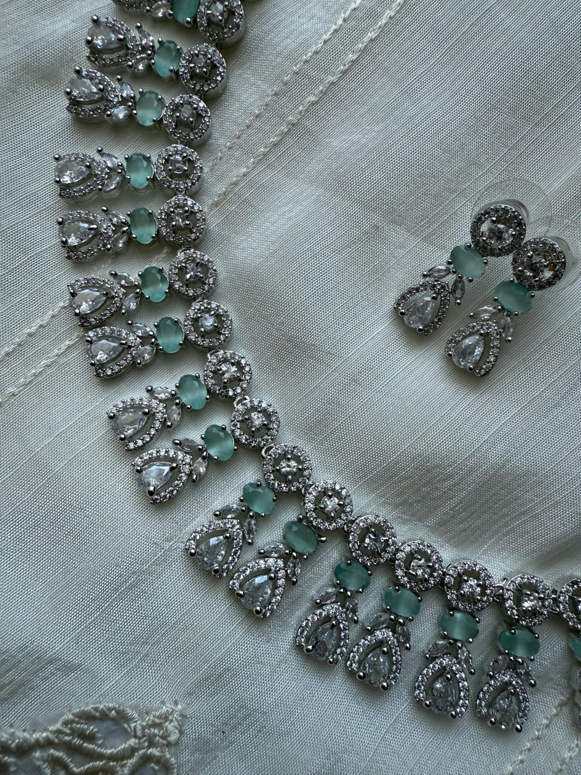 Mint Green Bridal Necklace Set | Indian Wedding Jewelry | Silver CZ Choker with Earrings | Statement Jewelry for Brides - Image 4