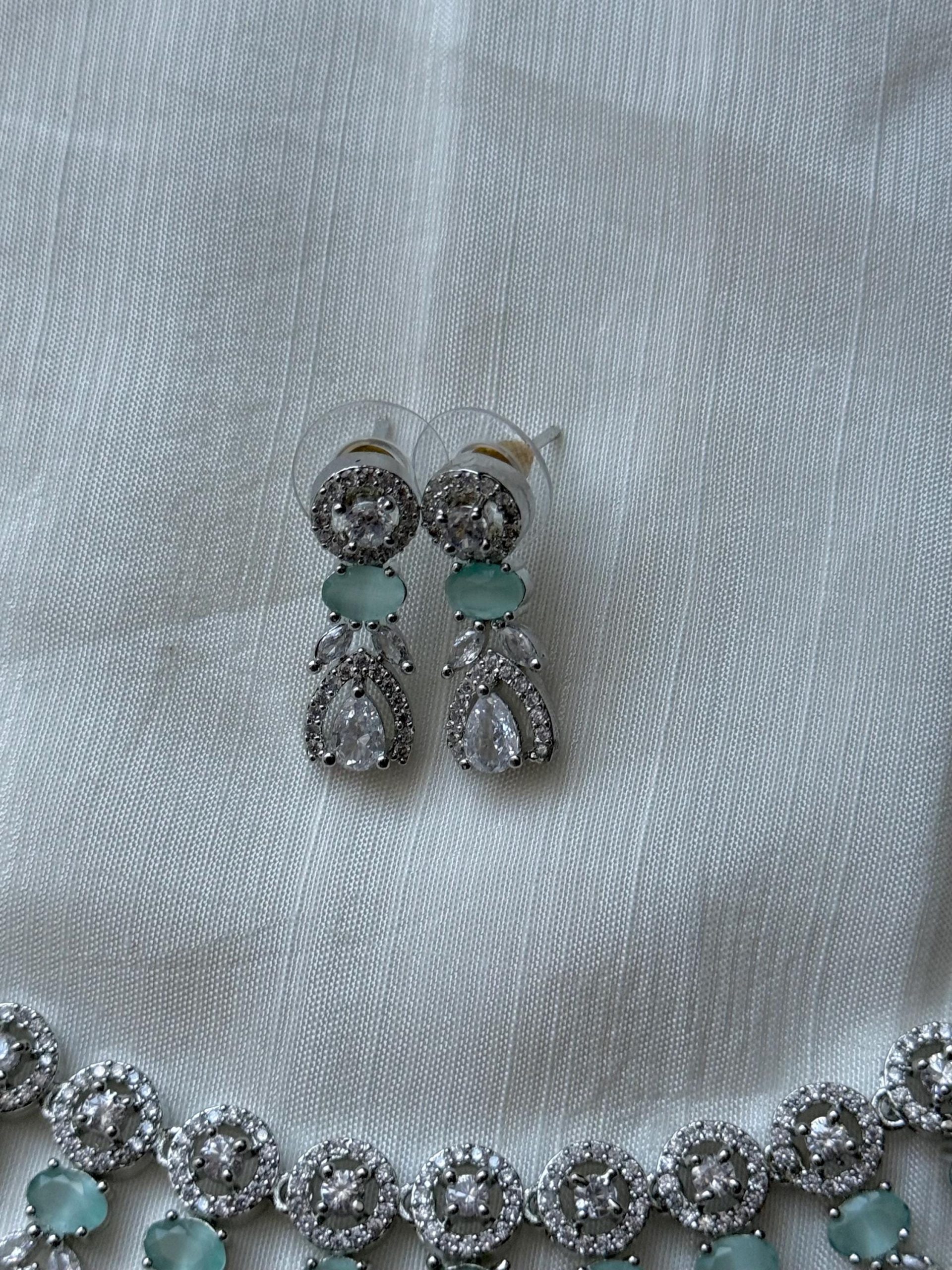 Mint Green Bridal Necklace Set | Indian Wedding Jewelry | Silver CZ Choker with Earrings | Statement Jewelry for Brides - Image 3