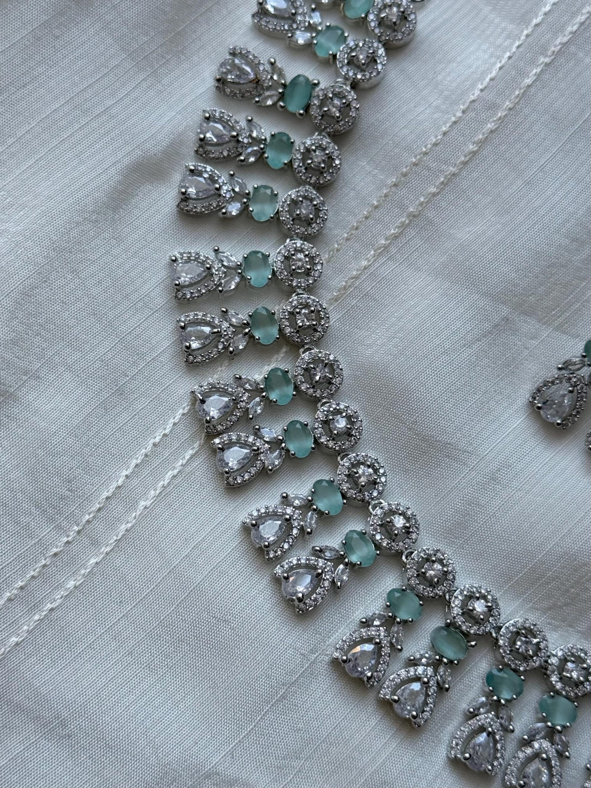 Mint Green Bridal Necklace Set | Indian Wedding Jewelry | Silver CZ Choker with Earrings | Statement Jewelry for Brides - Image 2