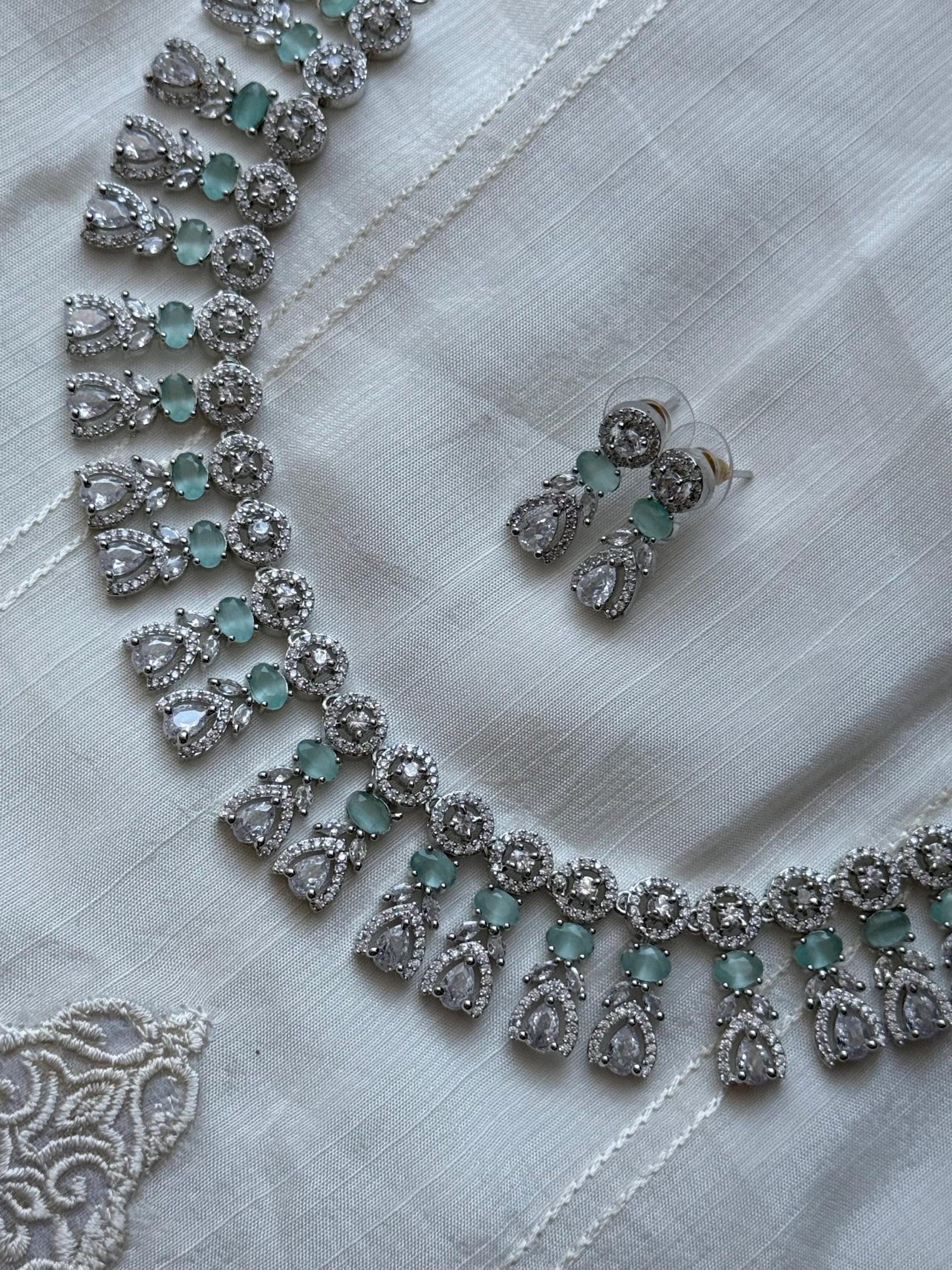Mint Green Bridal Necklace Set | Indian Wedding Jewelry | Silver CZ Choker with Earrings | Statement Jewelry for Brides
