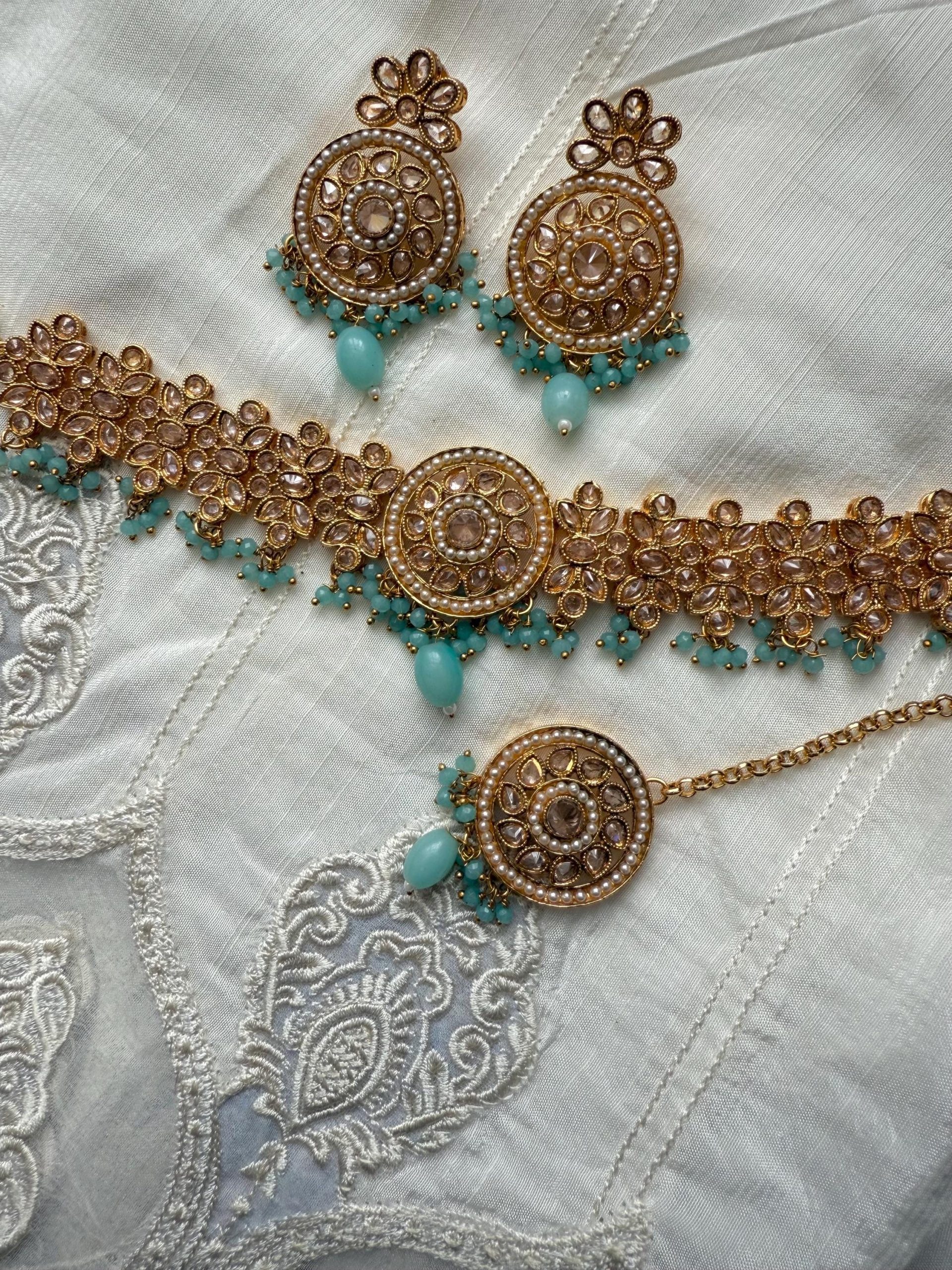 Gold Kundan Choker Set with Mint Green Beads | Bridal Jewelry Set | Indian Wedding Necklace Earrings Tikka - Image 5