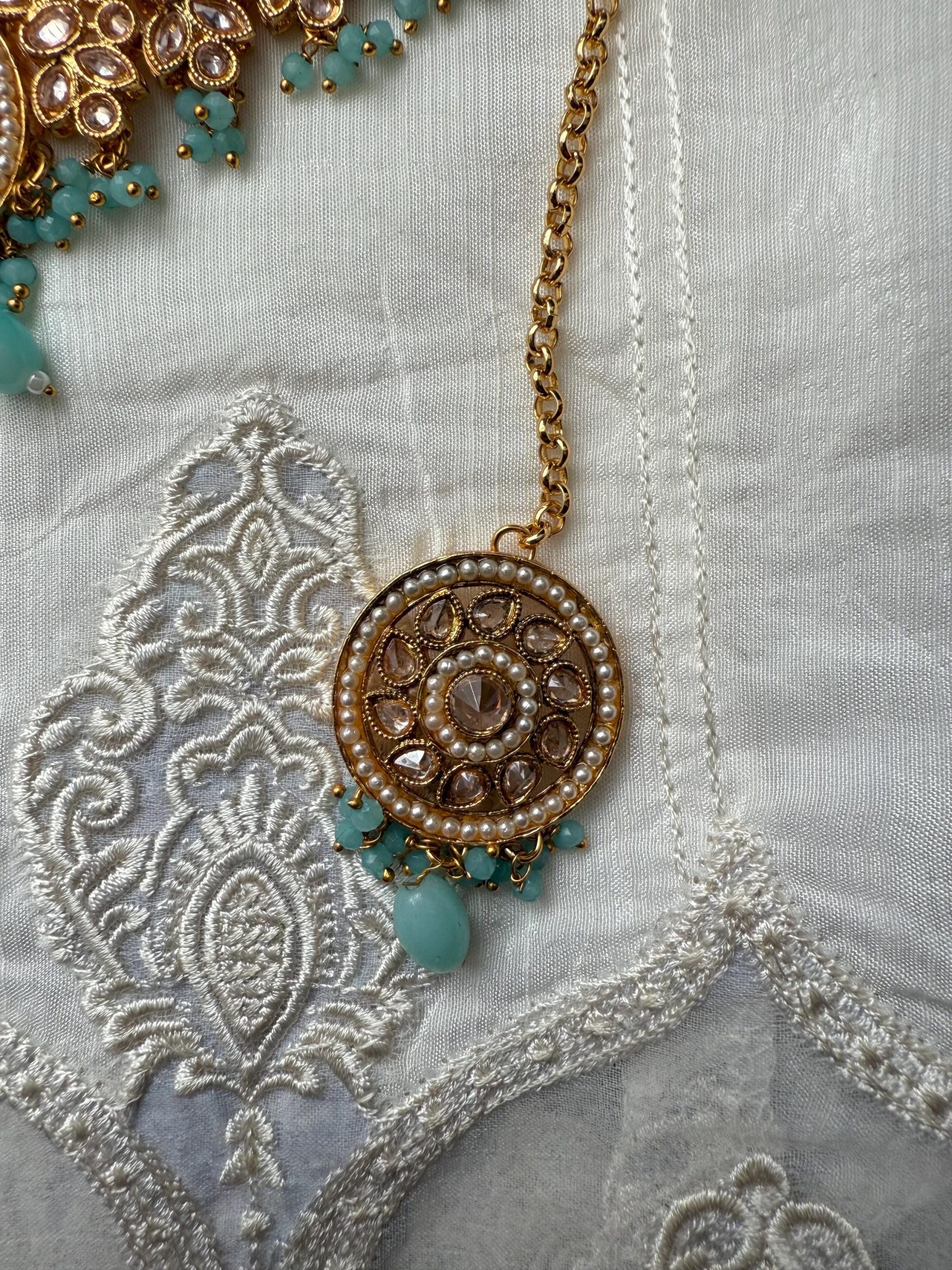 Gold Kundan Choker Set with Mint Green Beads | Bridal Jewelry Set | Indian Wedding Necklace Earrings Tikka - Image 4