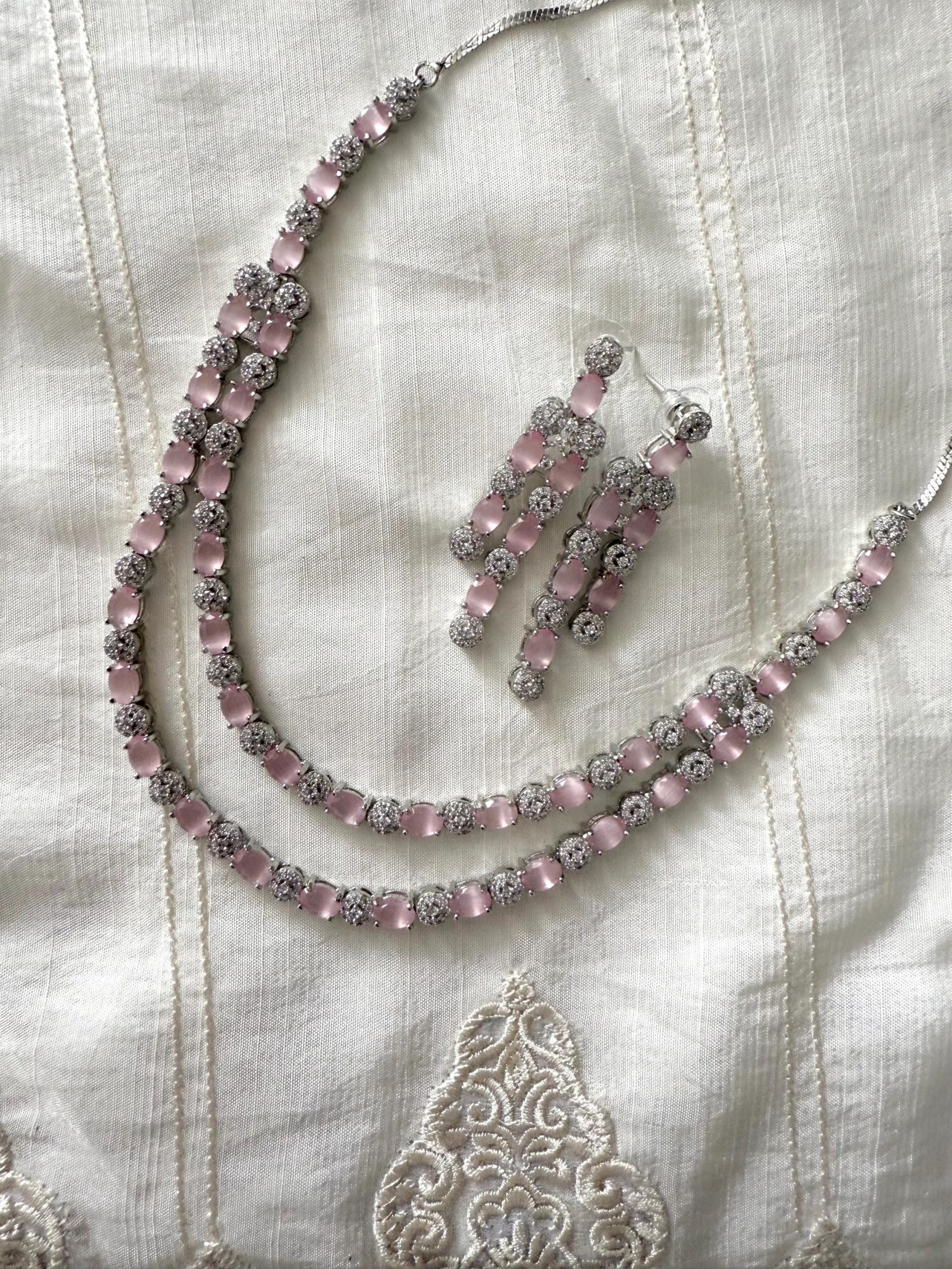 Blush Pink Bridal Necklace and Earrings Set | Silver Crystal Wedding Jewelry | Elegant Asian Bridal Accessories