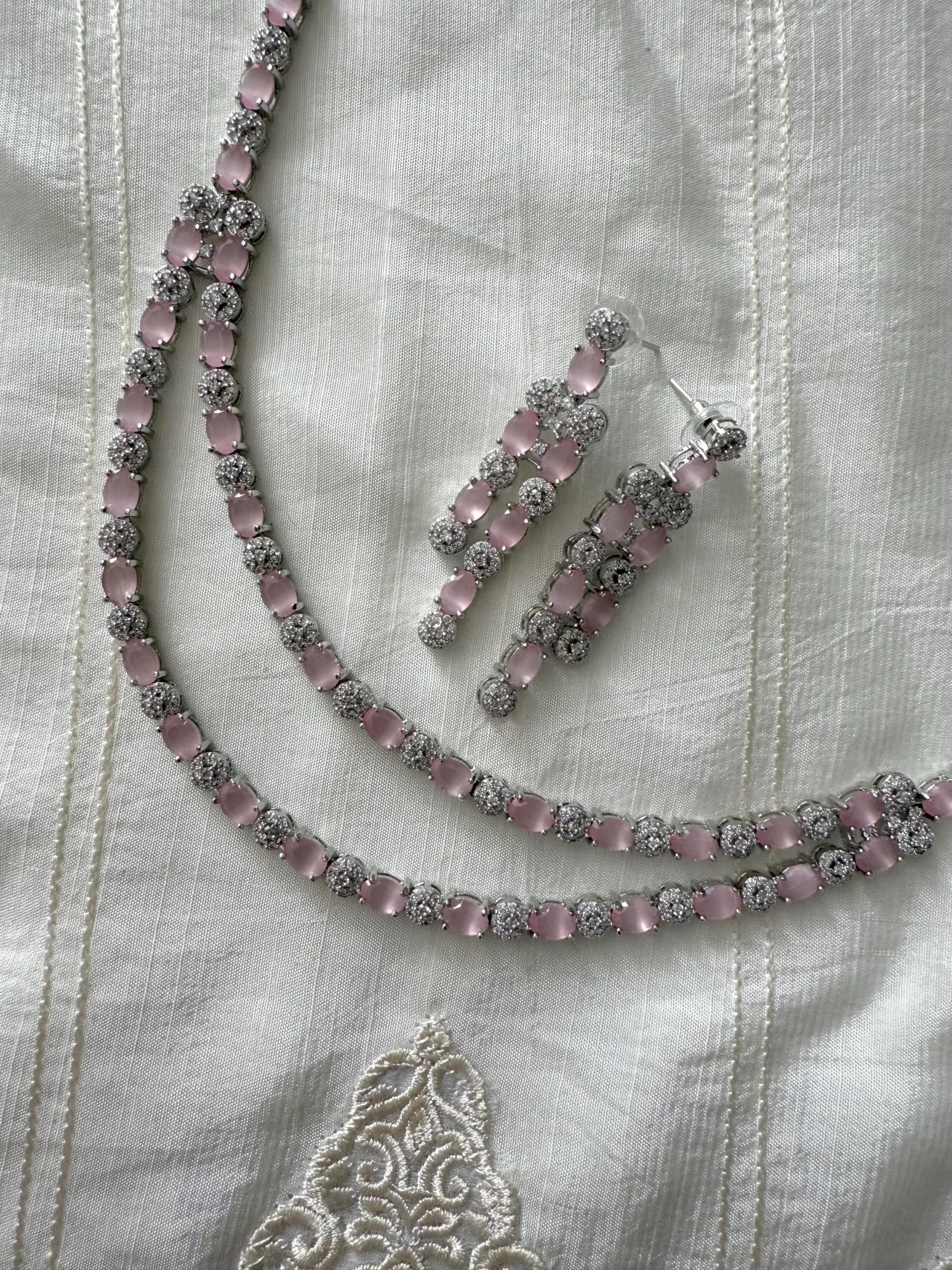 Blush Pink Bridal Necklace and Earrings Set | Silver Crystal Wedding Jewelry | Elegant Asian Bridal Accessories - Image 2