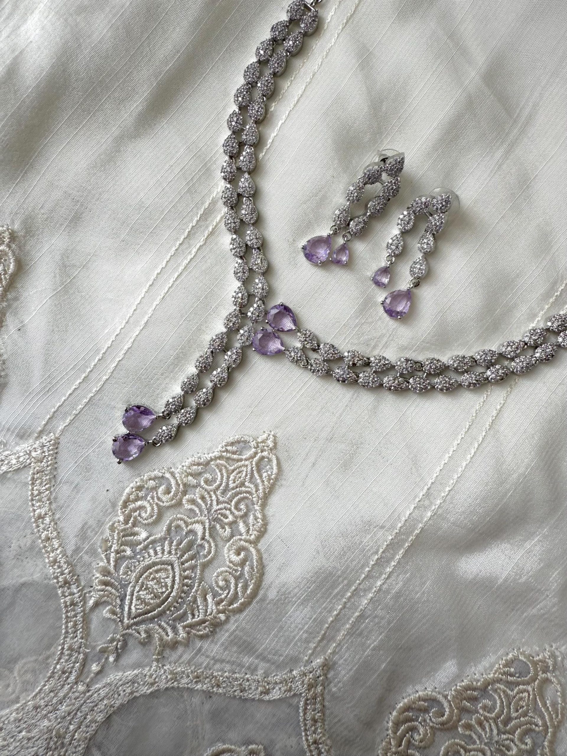 Lilac Crystal Necklace and Earrings Set | Silver Teardrop Bridal Jewelry | Elegant Bridesmaid Set - Image 4