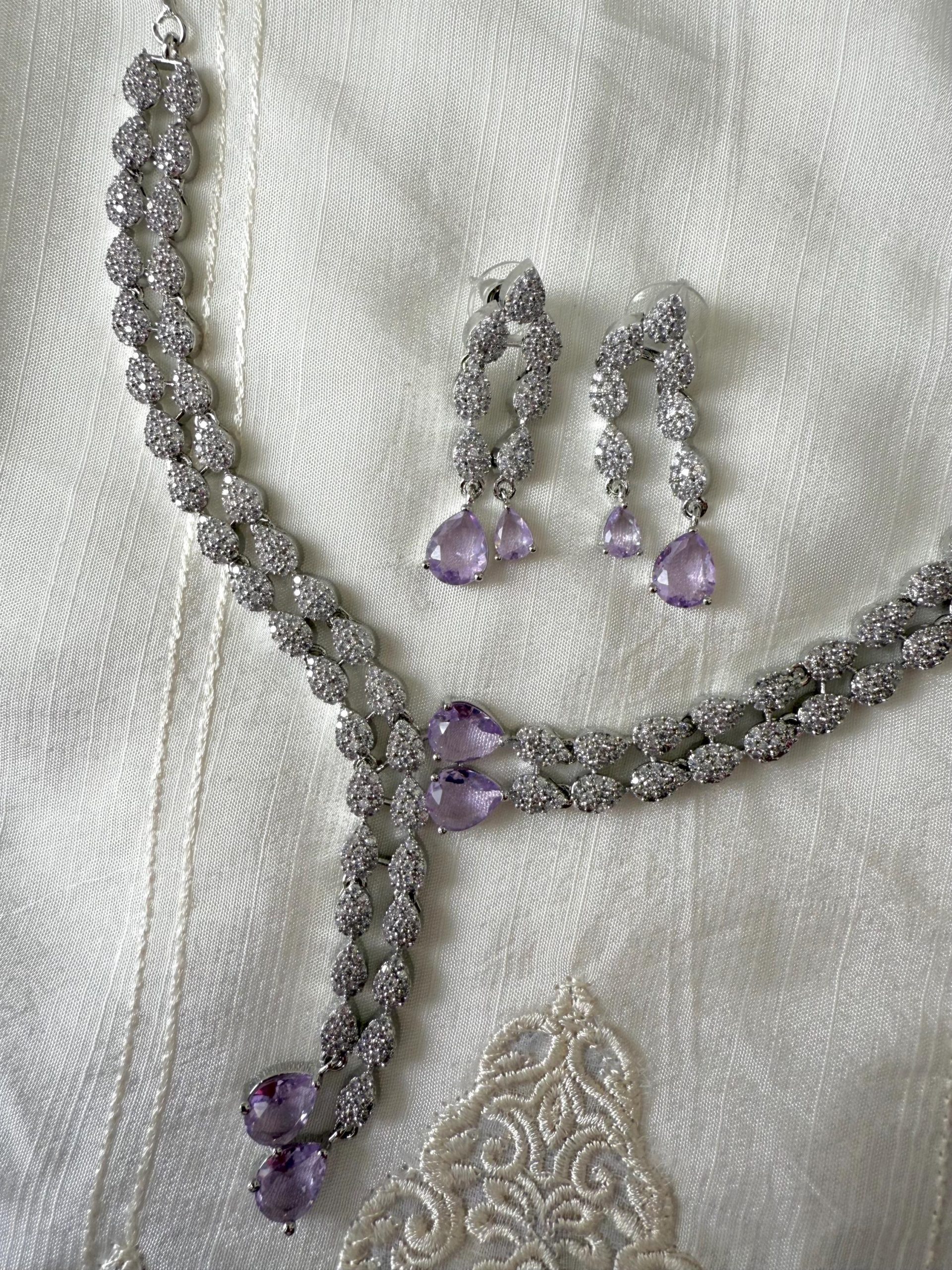 Lilac Crystal Necklace and Earrings Set | Silver Teardrop Bridal Jewelry | Elegant Bridesmaid Set - Image 2
