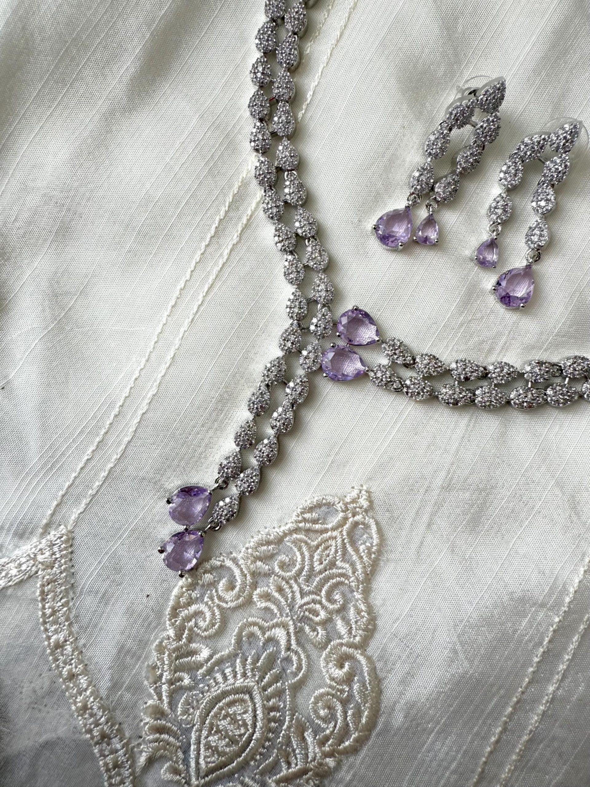 Lilac Crystal Necklace and Earrings Set | Silver Teardrop Bridal Jewelry | Elegant Bridesmaid Set - Image 5