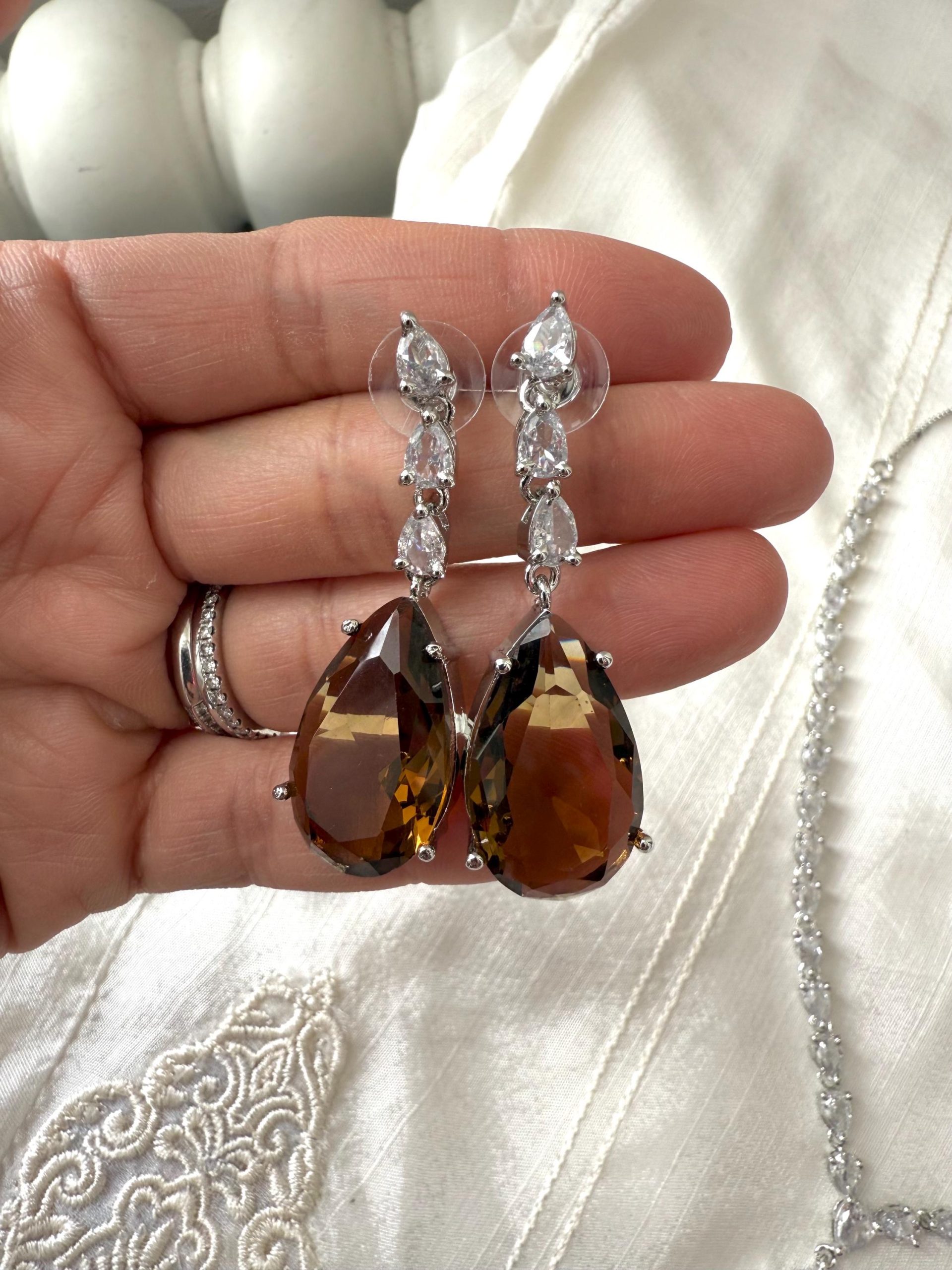 Amber Teardrop Necklace and Earrings Set | Vintage Crystal Bridal Jewelry | Evening Statement Set - Image 4