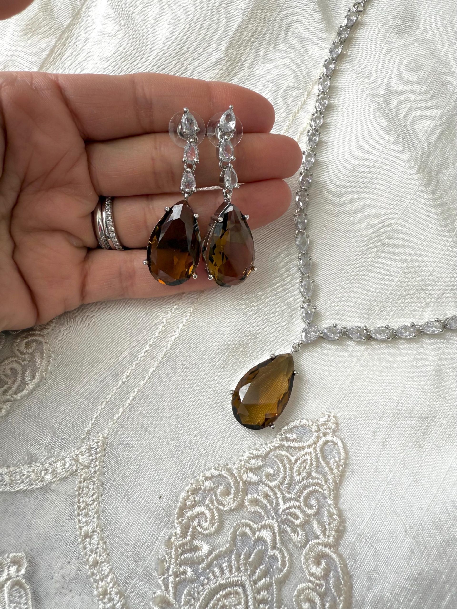 Amber Teardrop Necklace and Earrings Set | Vintage Crystal Bridal Jewelry | Evening Statement Set - Image 2