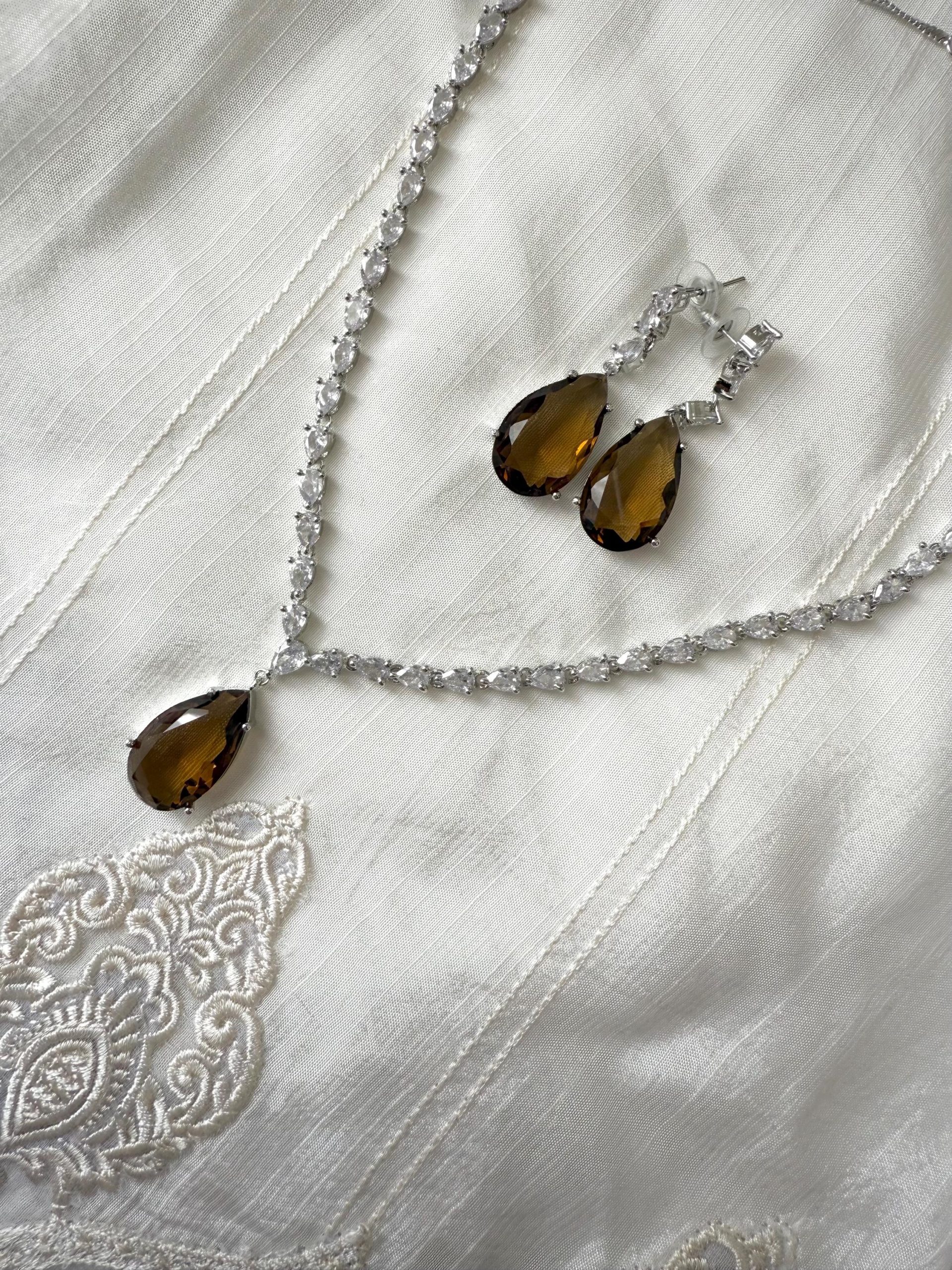 Amber Teardrop Necklace and Earrings Set | Vintage Crystal Bridal Jewelry | Evening Statement Set