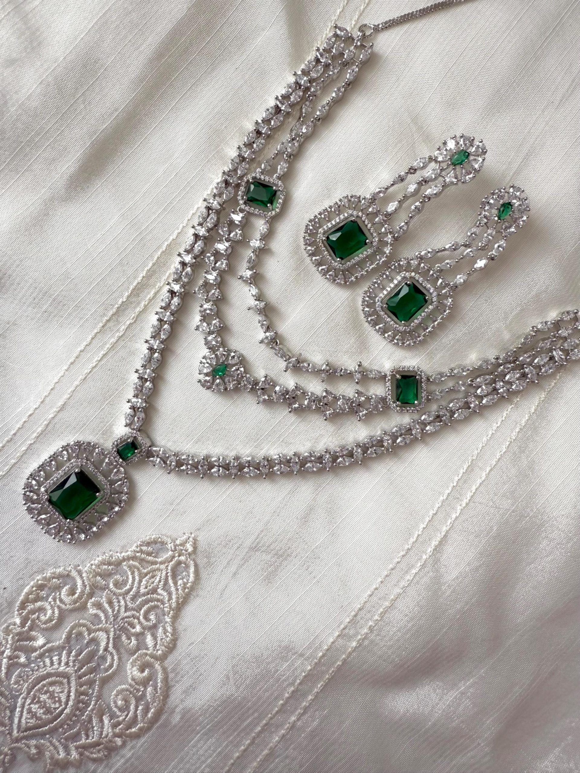 Emerald Green Bridal Jewelry Set | Triple Layer Crystal Necklace & Earrings | Asian Wedding Set