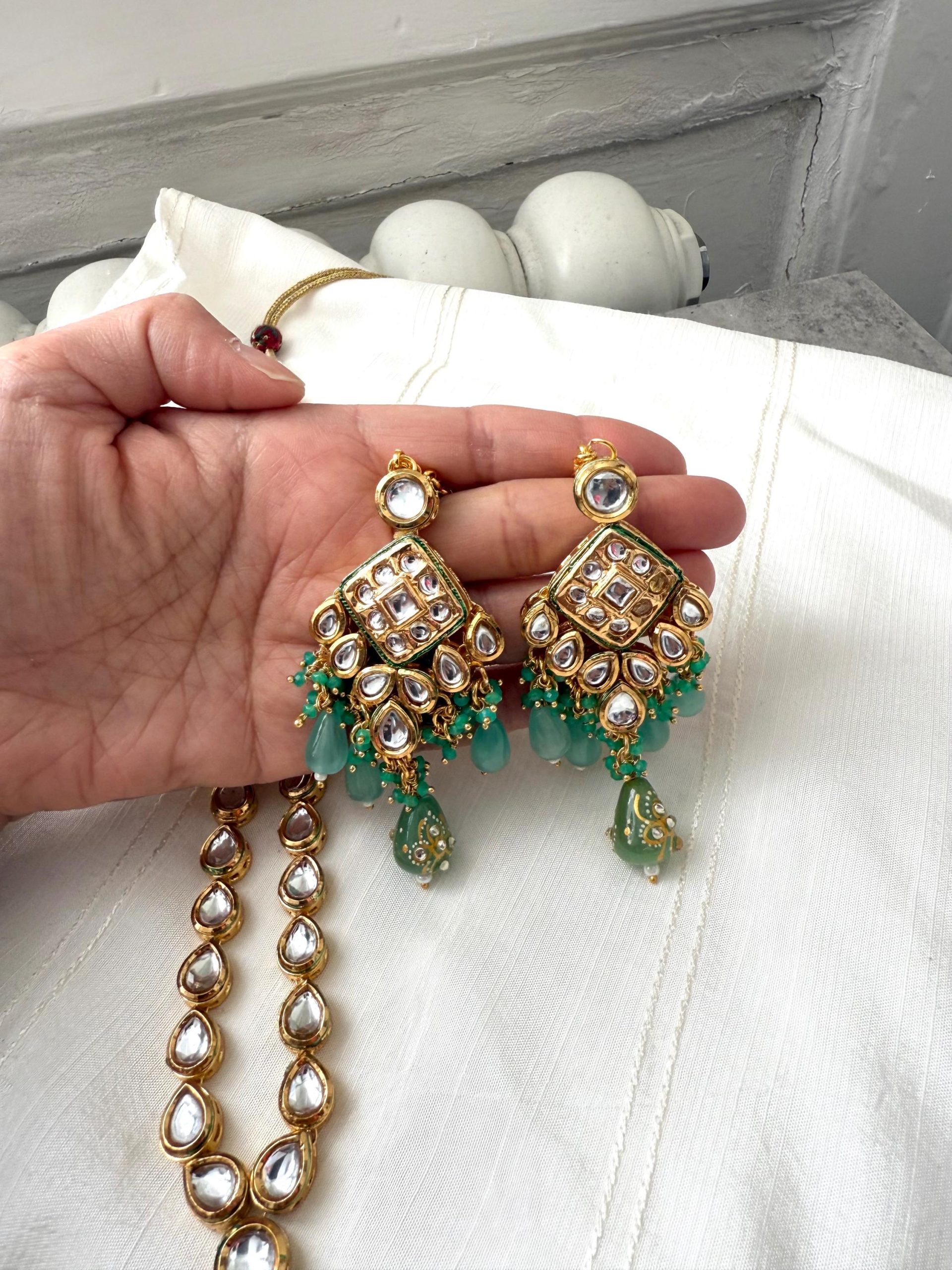 Mint Green Kundan Necklace Set | Indian Gold Jewelry for Mehndi & Nikah | Traditional Bridal Set - Image 3