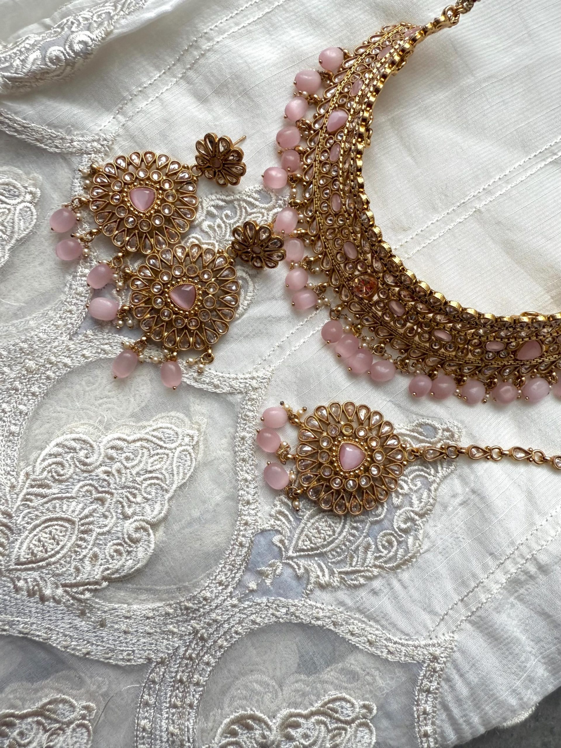 Pink Bead Kundan Bridal Jewelry Set | Indian Wedding Necklace Earrings Tikka | Gold Plated Polki Set | Dulhan Jewelry - Image 5