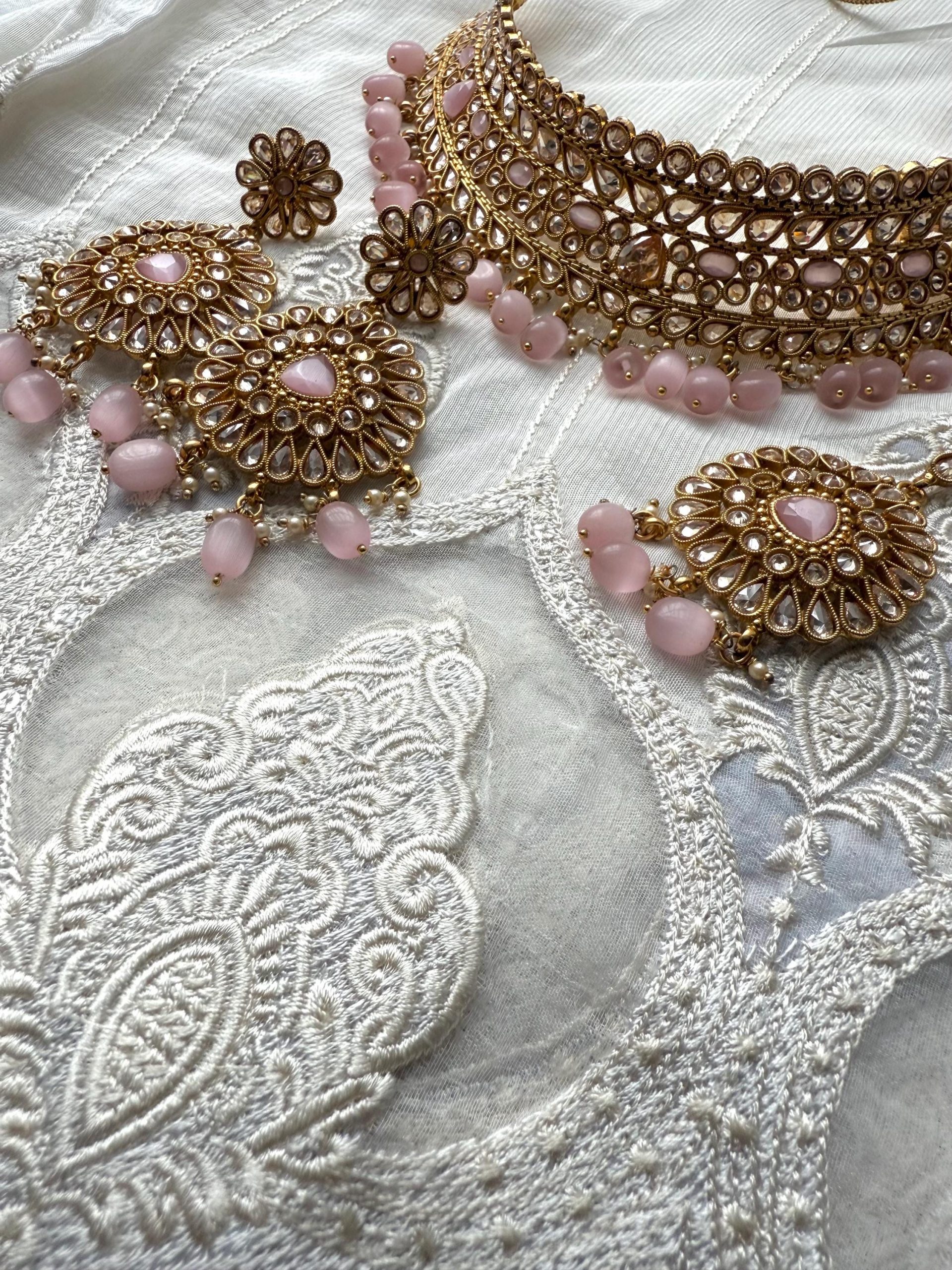 Pink Bead Kundan Bridal Jewelry Set | Indian Wedding Necklace Earrings Tikka | Gold Plated Polki Set | Dulhan Jewelry - Image 6
