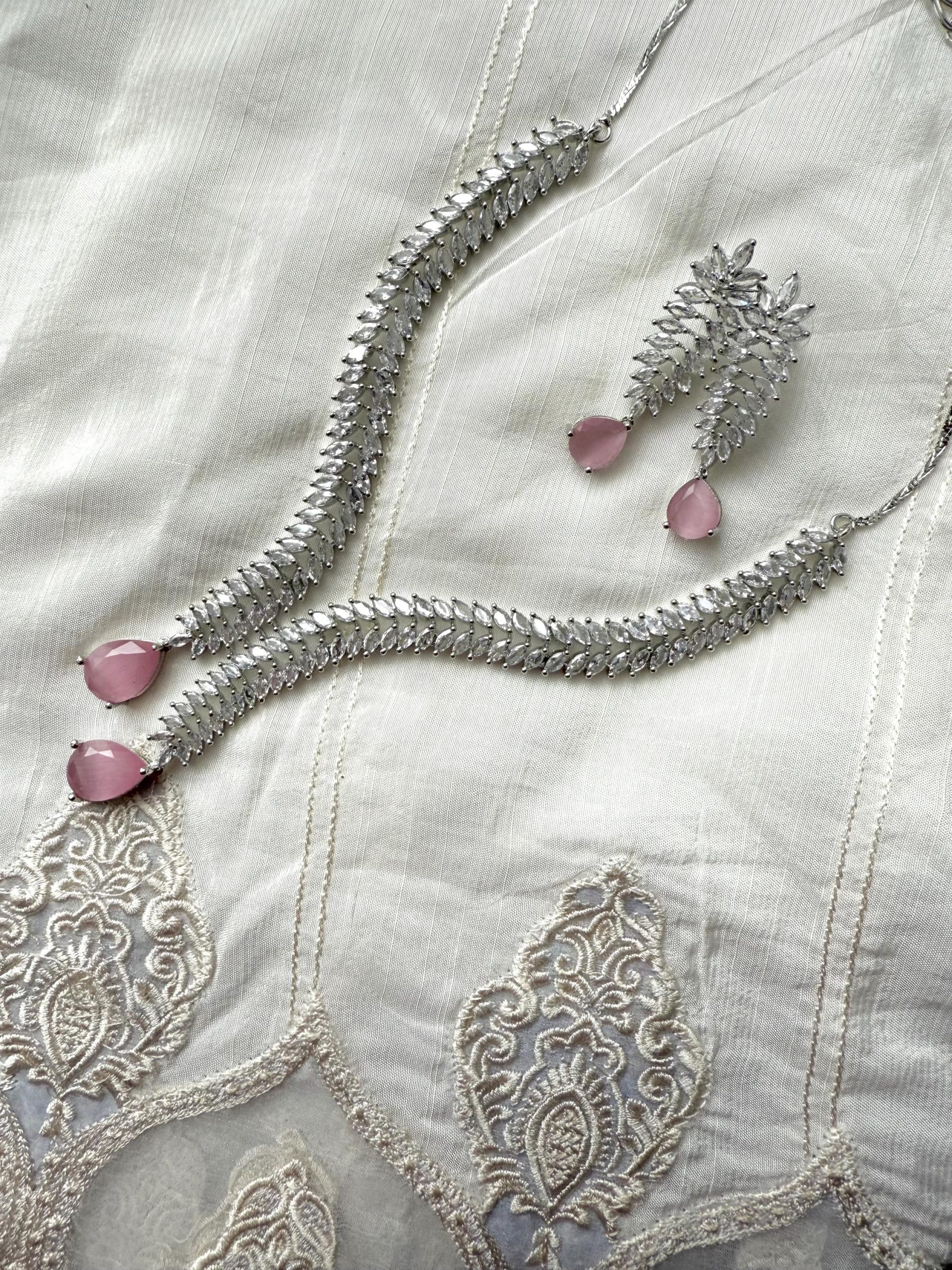 Silver CZ Necklace Set with Pink Drops | Sparkly Leaf Design Bridal Jewelry | Modern Asian Wedding Set | Crystal Jewelry