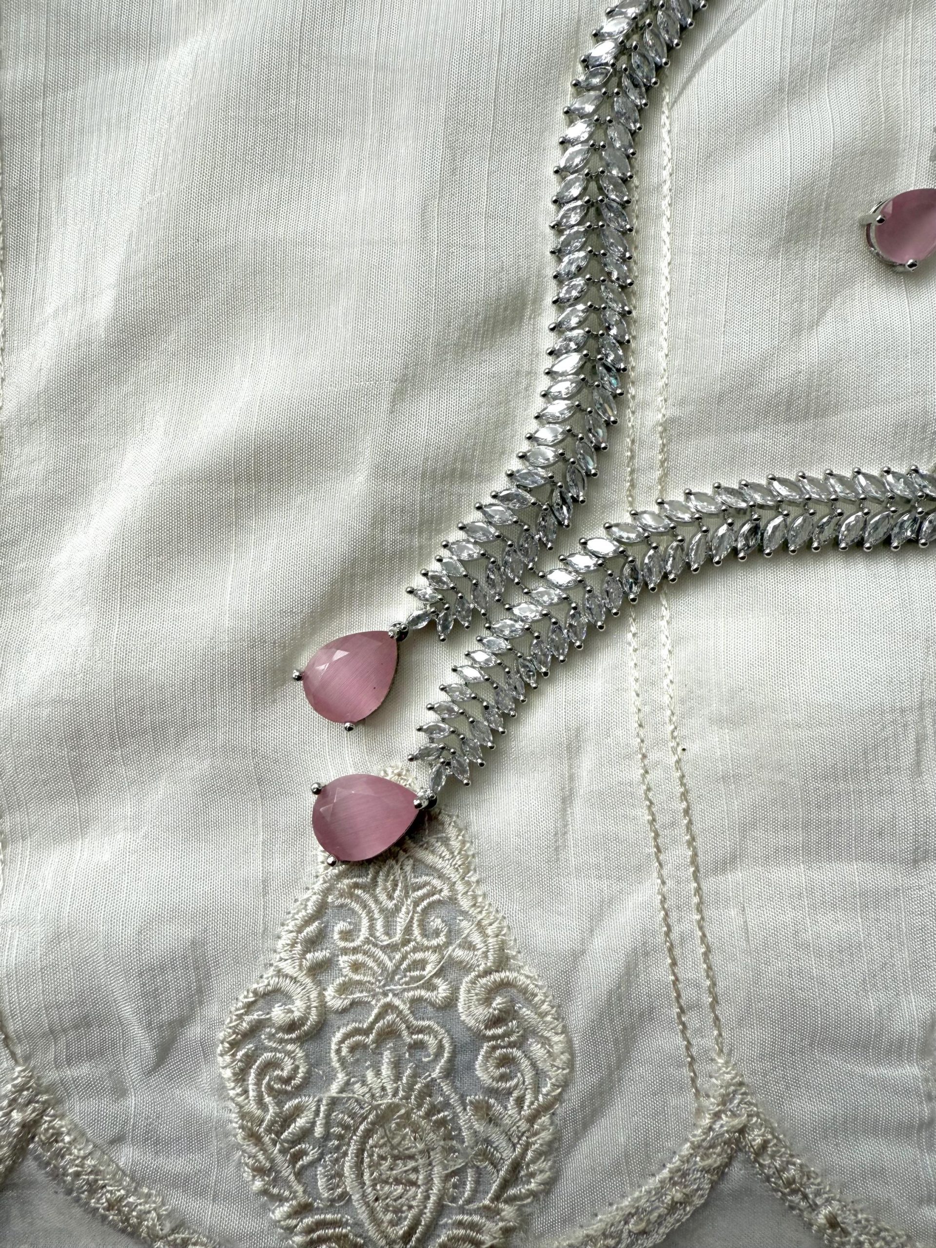 Silver CZ Necklace Set with Pink Drops | Sparkly Leaf Design Bridal Jewelry | Modern Asian Wedding Set | Crystal Jewelry - Image 2