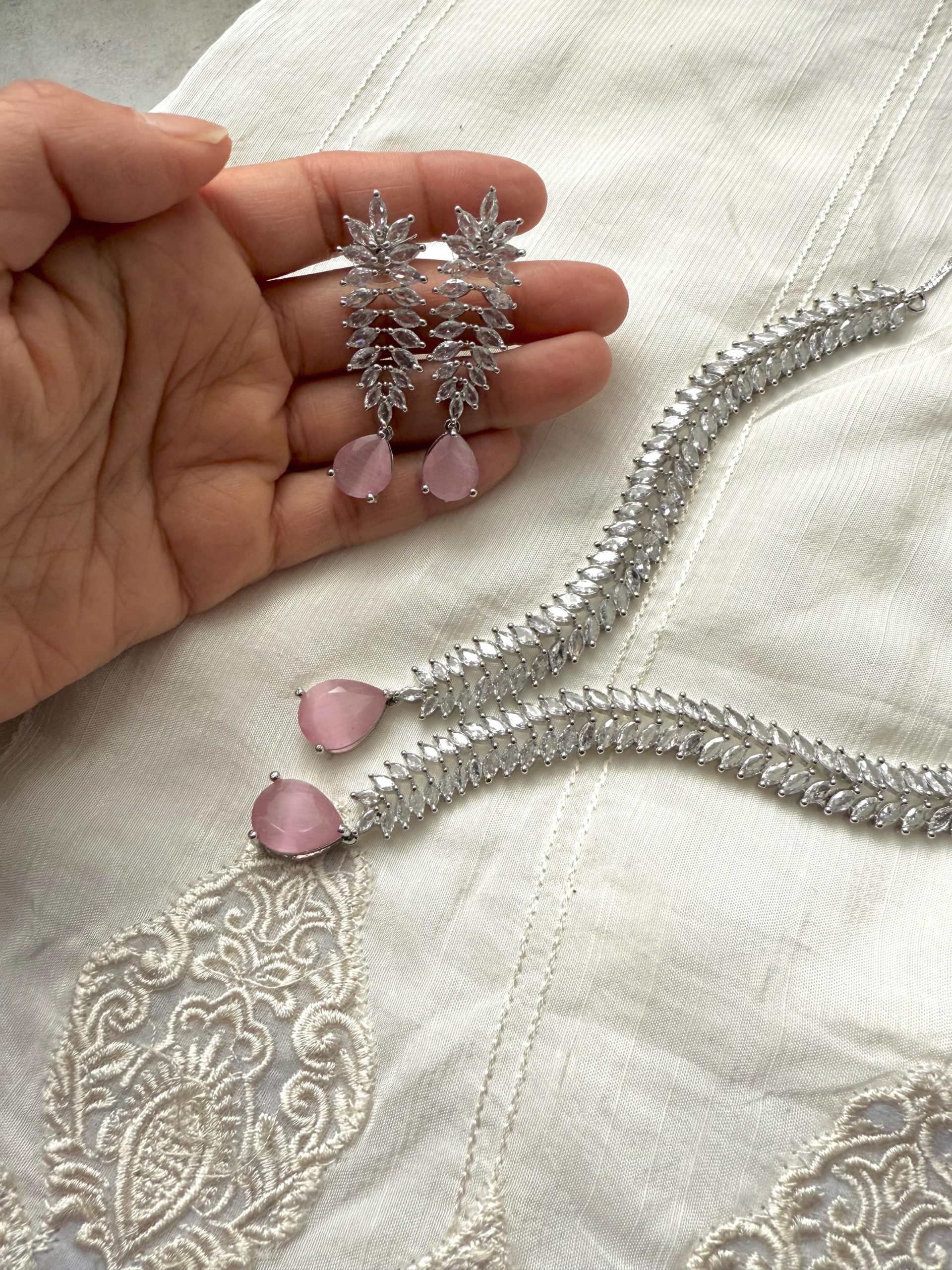 Silver CZ Necklace Set with Pink Drops | Sparkly Leaf Design Bridal Jewelry | Modern Asian Wedding Set | Crystal Jewelry - Image 4