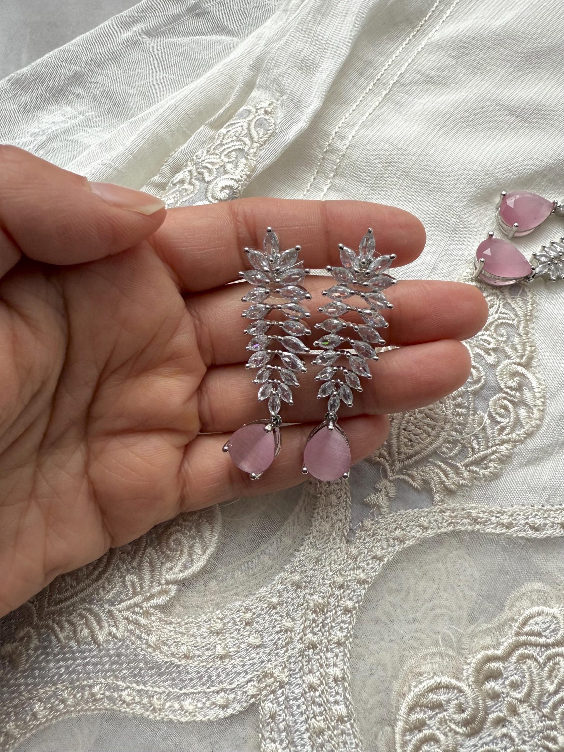 Silver CZ Necklace Set with Pink Drops | Sparkly Leaf Design Bridal Jewelry | Modern Asian Wedding Set | Crystal Jewelry - Image 3