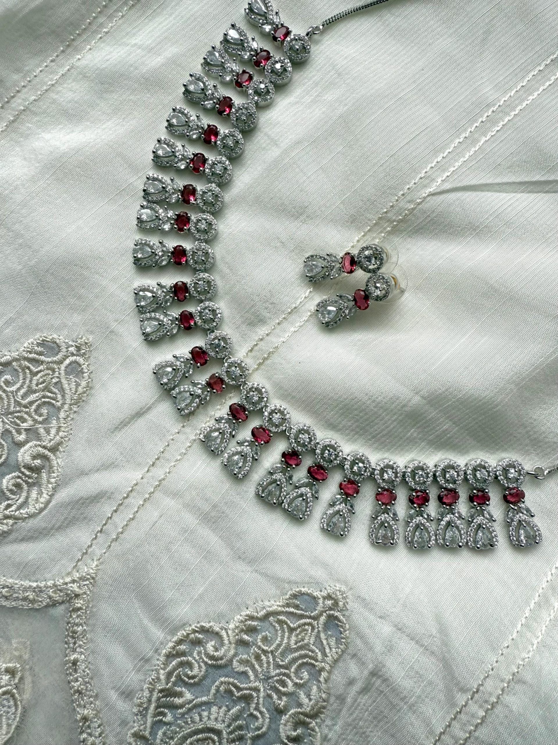 Silver CZ Bridal Necklace Set with Ruby Red Accents | Indian Wedding Jewelry Set | Tear Drop Sparkle Choker & Earrings | UK Jewelry