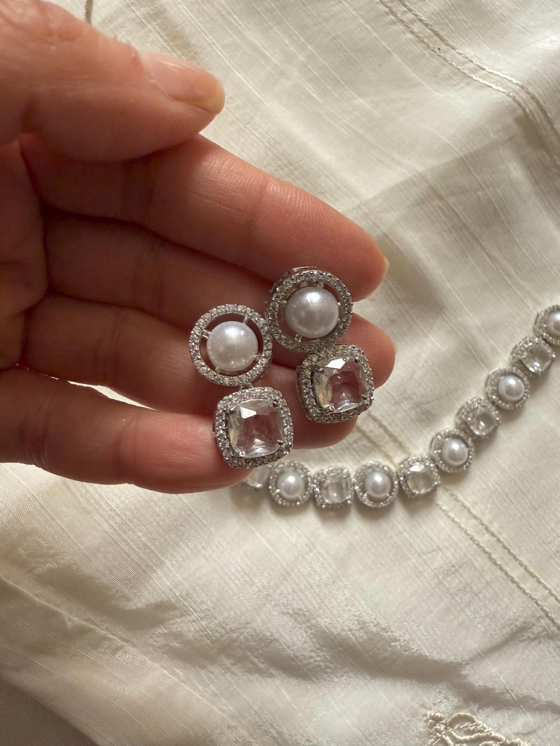 Silver Pearl and Crystal Necklace Set ? Bridal Jewelry with Matching Earrings - Image 3