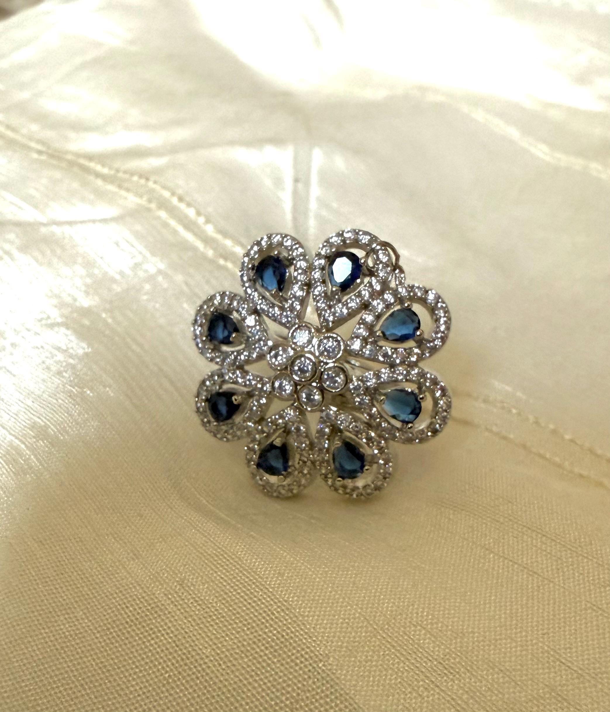 Blue Teardrop Floral Ring | Adjustable Statement Ring for Women | South Asian Cocktail Ring | Desi Wedding Jewelry - Image 3