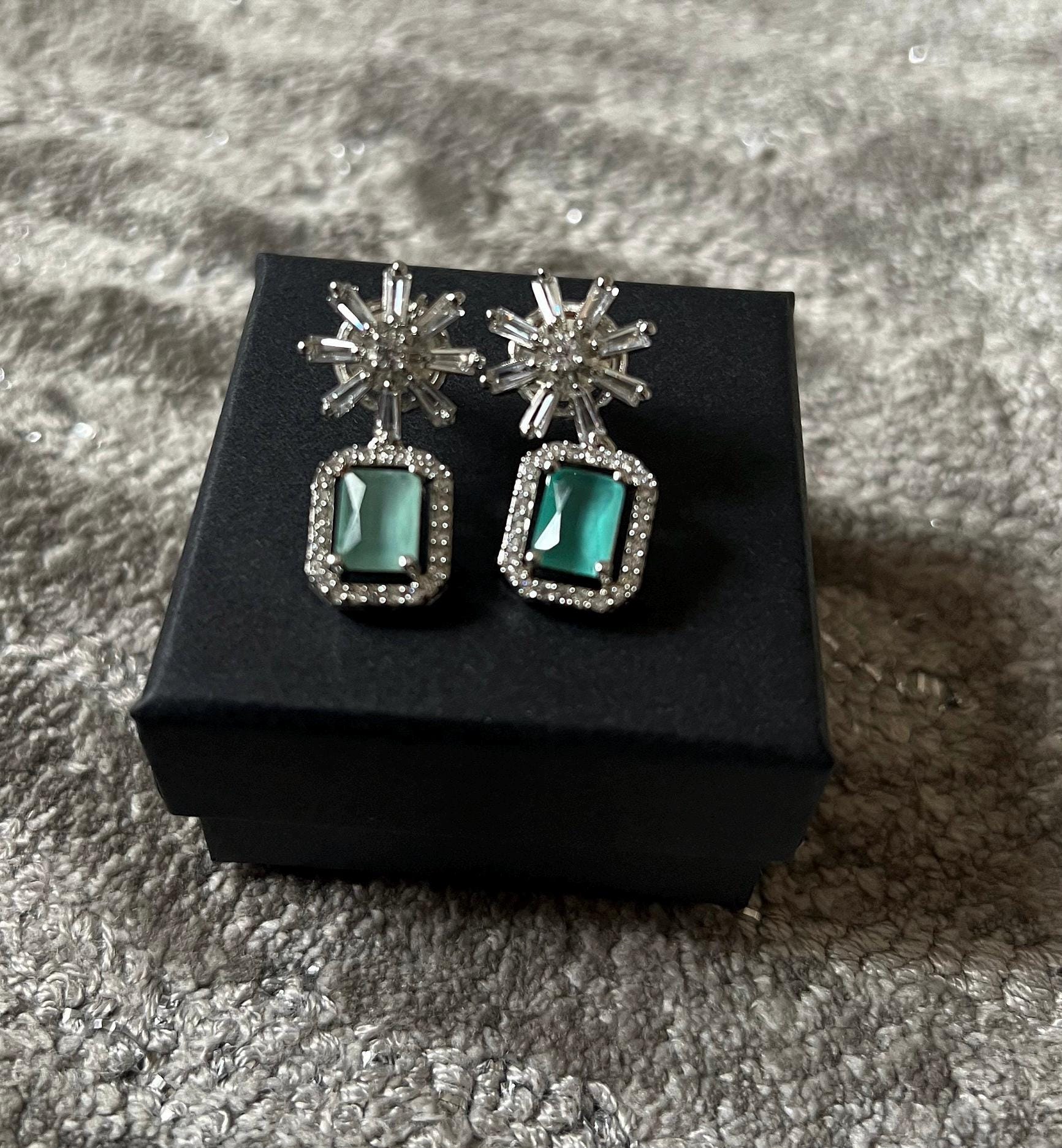 Mint Green Crystal Star Studded Drop Earrings Indian, Asian, Bollywood Jewelry - Image 2