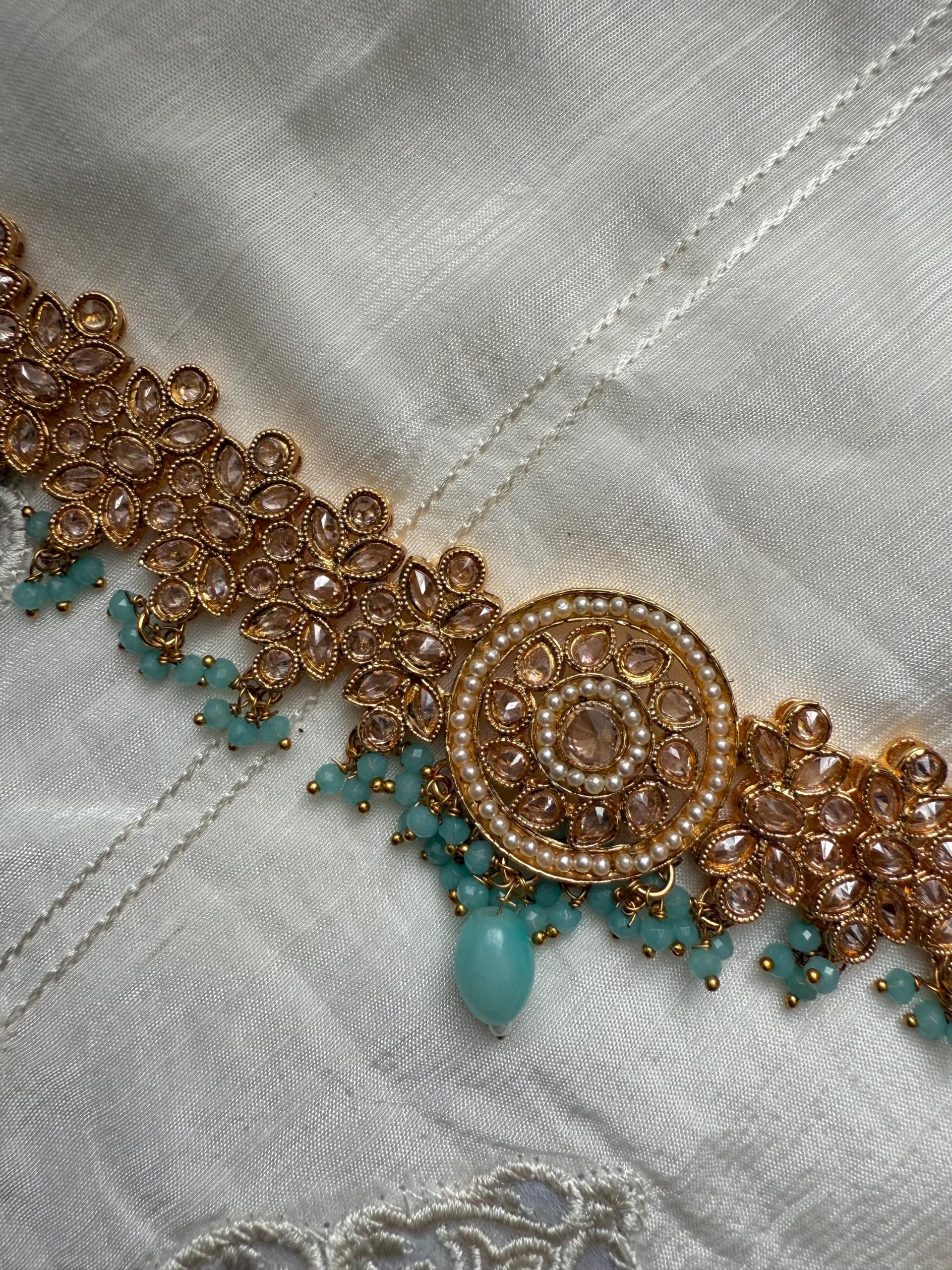 Gold Kundan Choker Set with Mint Green Beads | Bridal Jewelry Set | Indian Wedding Necklace Earrings Tikka - Image 3
