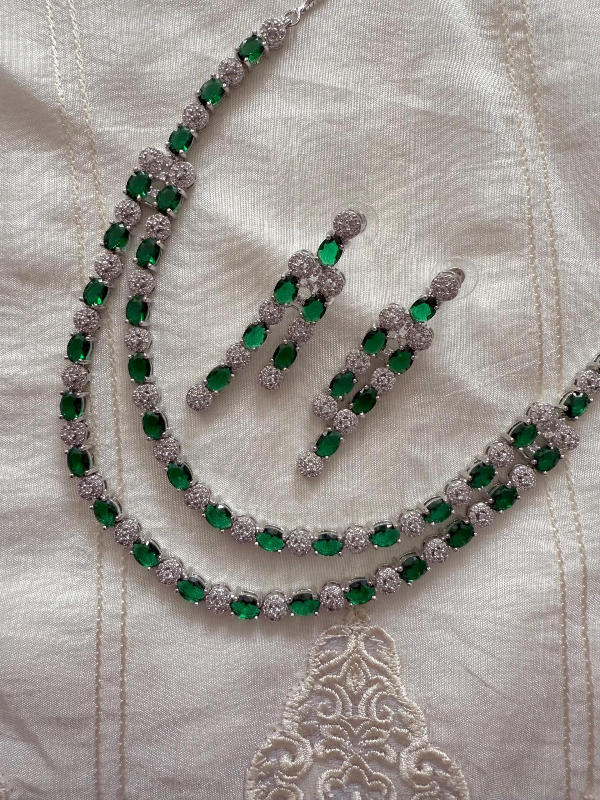 Emerald Green Necklace Set | Silver Bridal Jewelry | Green Rhinestone Earrings | Party & Reception Jewelry Set