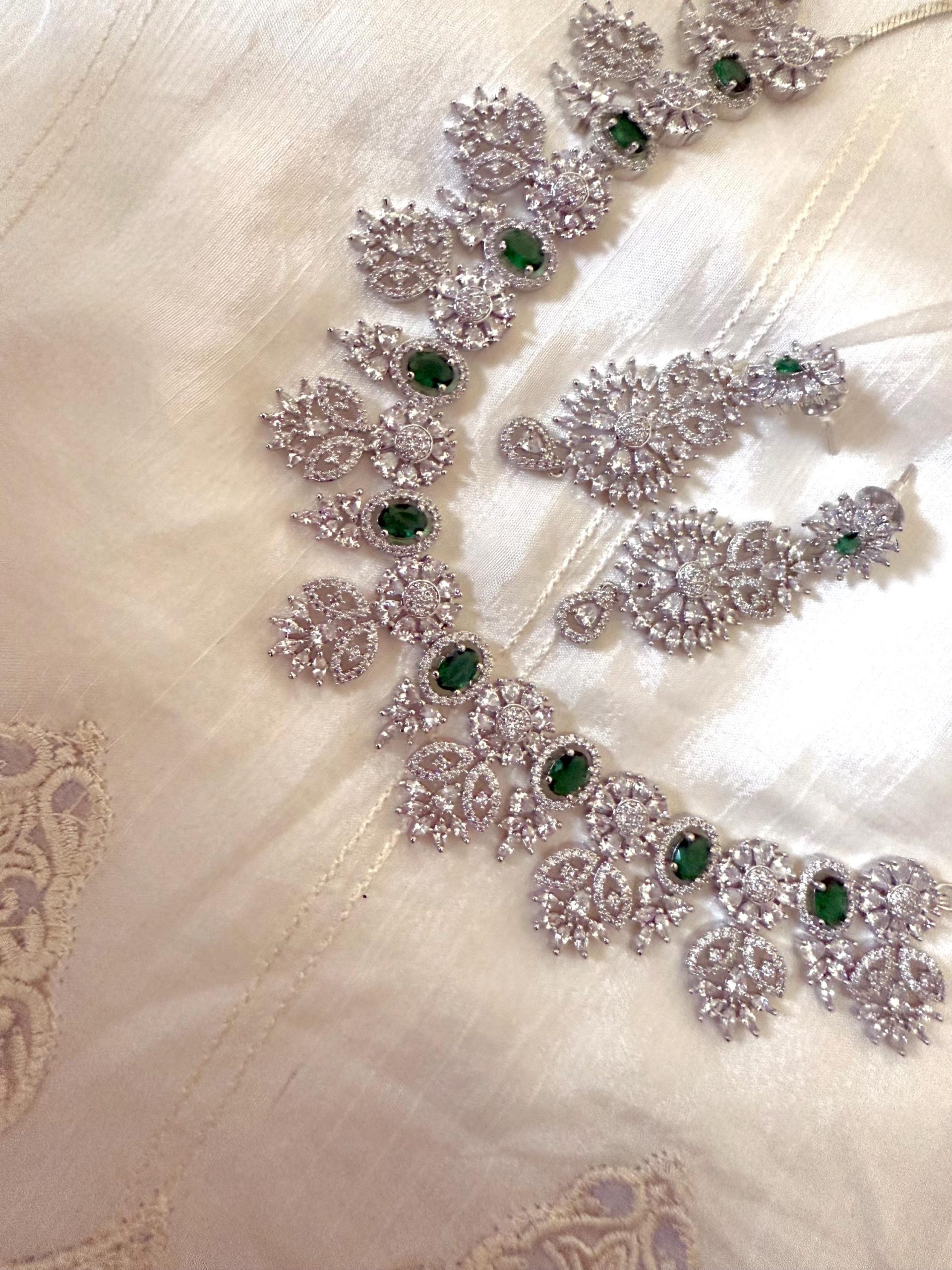 Emerald Green Stone Bridal Necklace Set | Silver CZ Choker & Earrings | Asian Wedding Jewelry | Luxury Indian Bridal Set