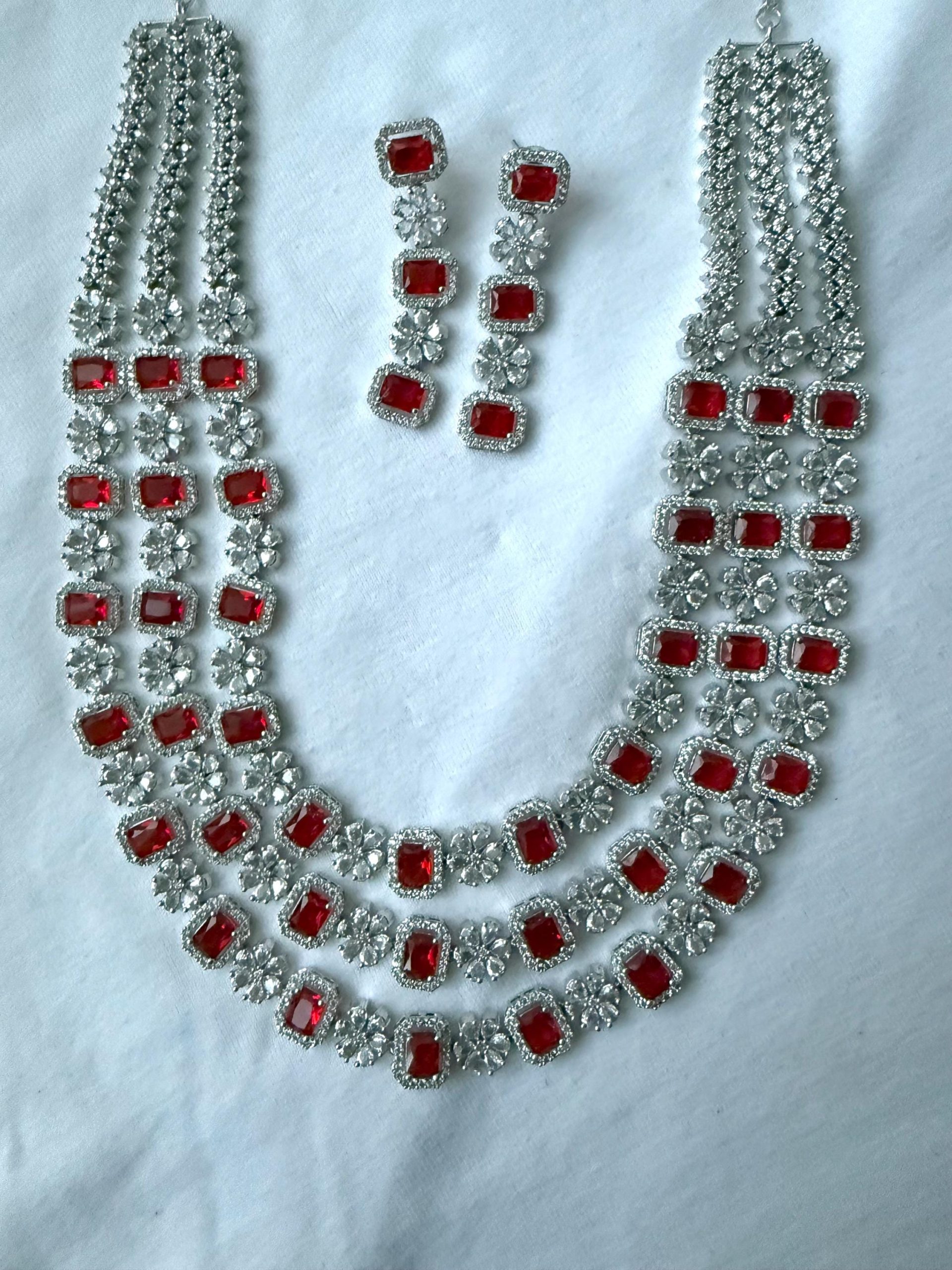 Red Crystal Floral Necklace & Earrings Set | Silver Bridal Statement Jewelry | Wedding Party Necklace Set | Elegant Gift for Her - Image 4