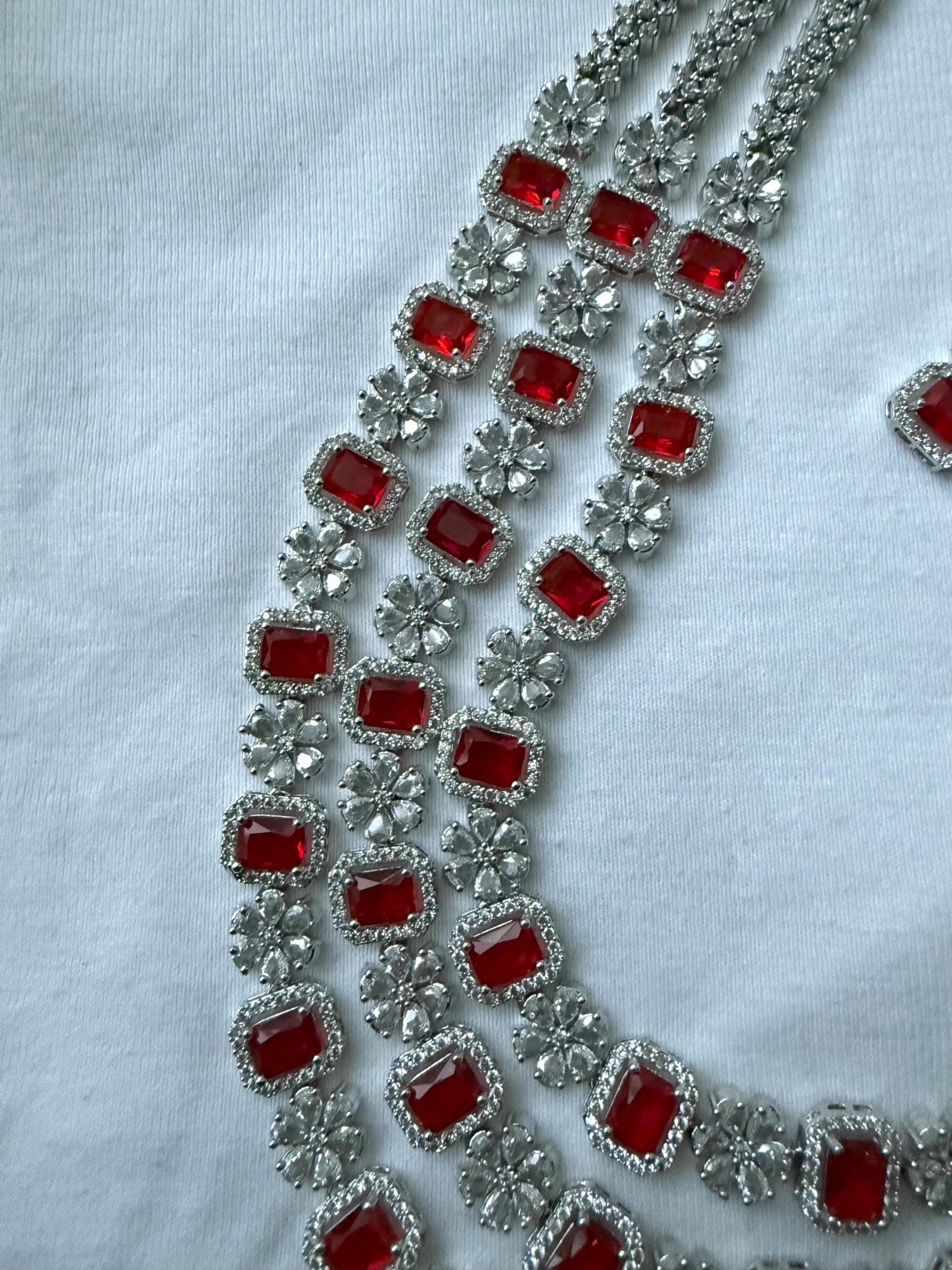 Red Crystal Floral Necklace & Earrings Set | Silver Bridal Statement Jewelry | Wedding Party Necklace Set | Elegant Gift for Her - Image 3