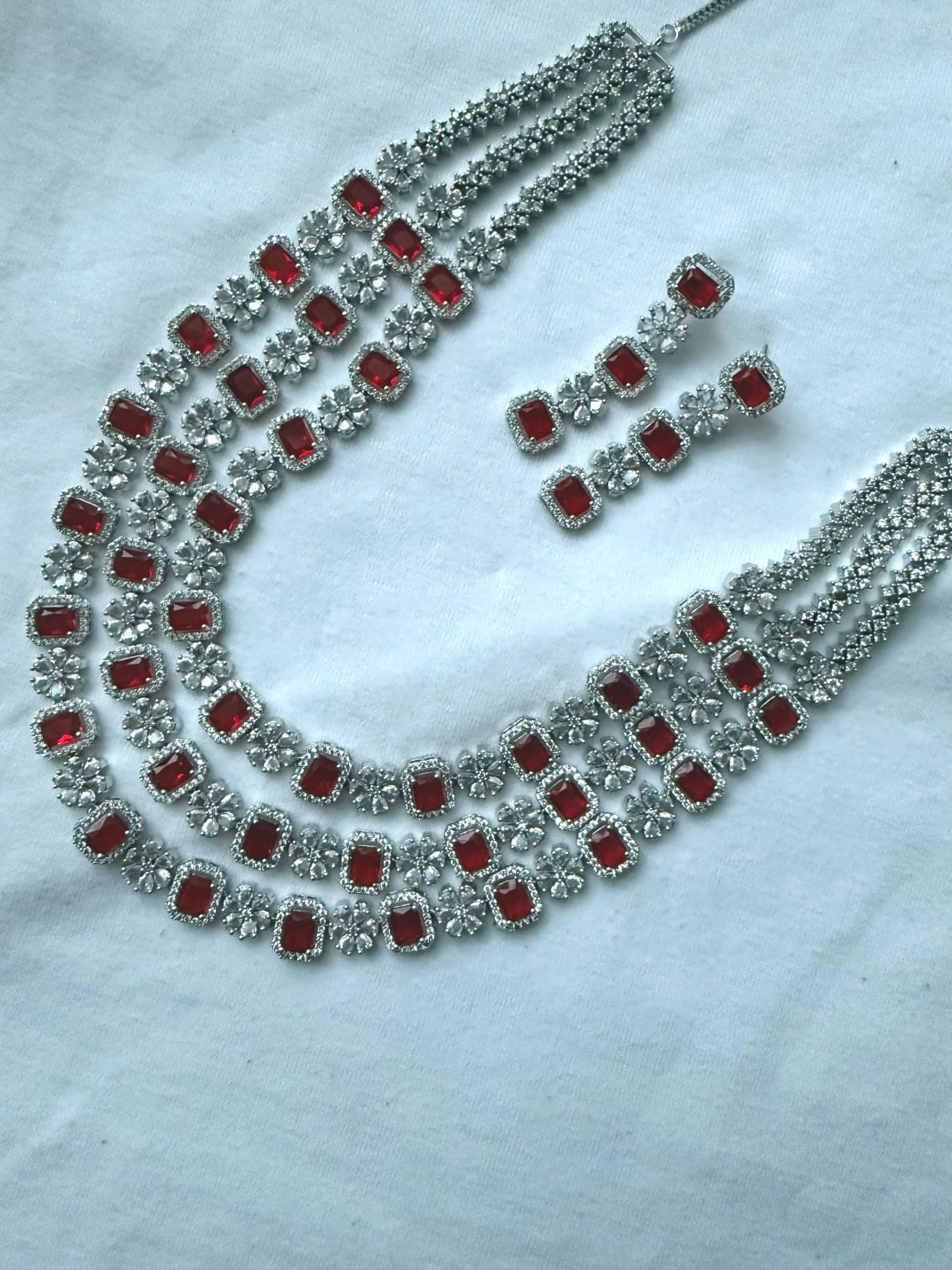 Red Crystal Floral Necklace & Earrings Set | Silver Bridal Statement Jewelry | Wedding Party Necklace Set | Elegant Gift for Her