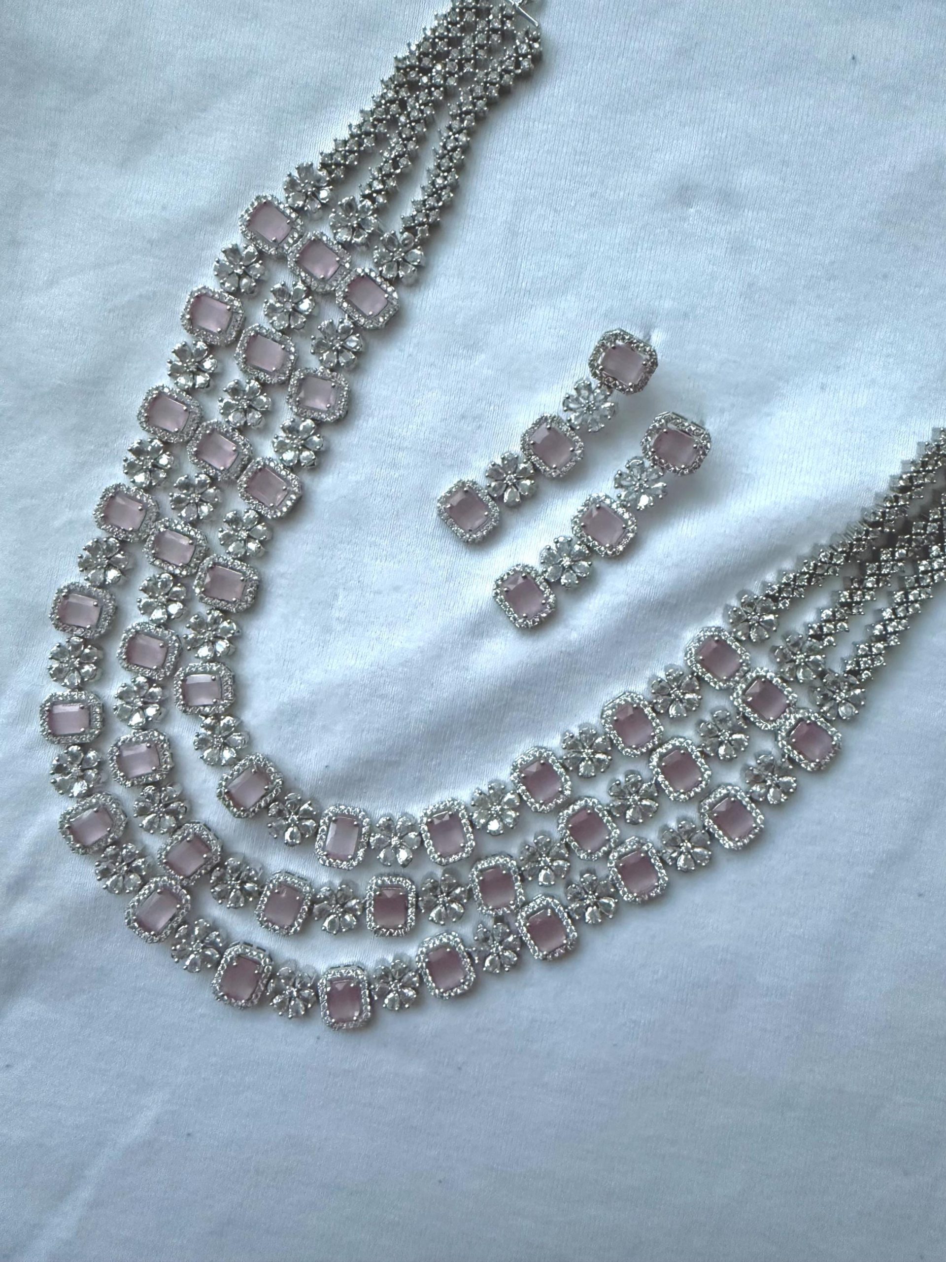 Light Pink Crystal Floral Necklace & Earrings Set | Silver Multi-Layer Bridal Jewelry | Wedding Party Statement Necklace | Gift for Her