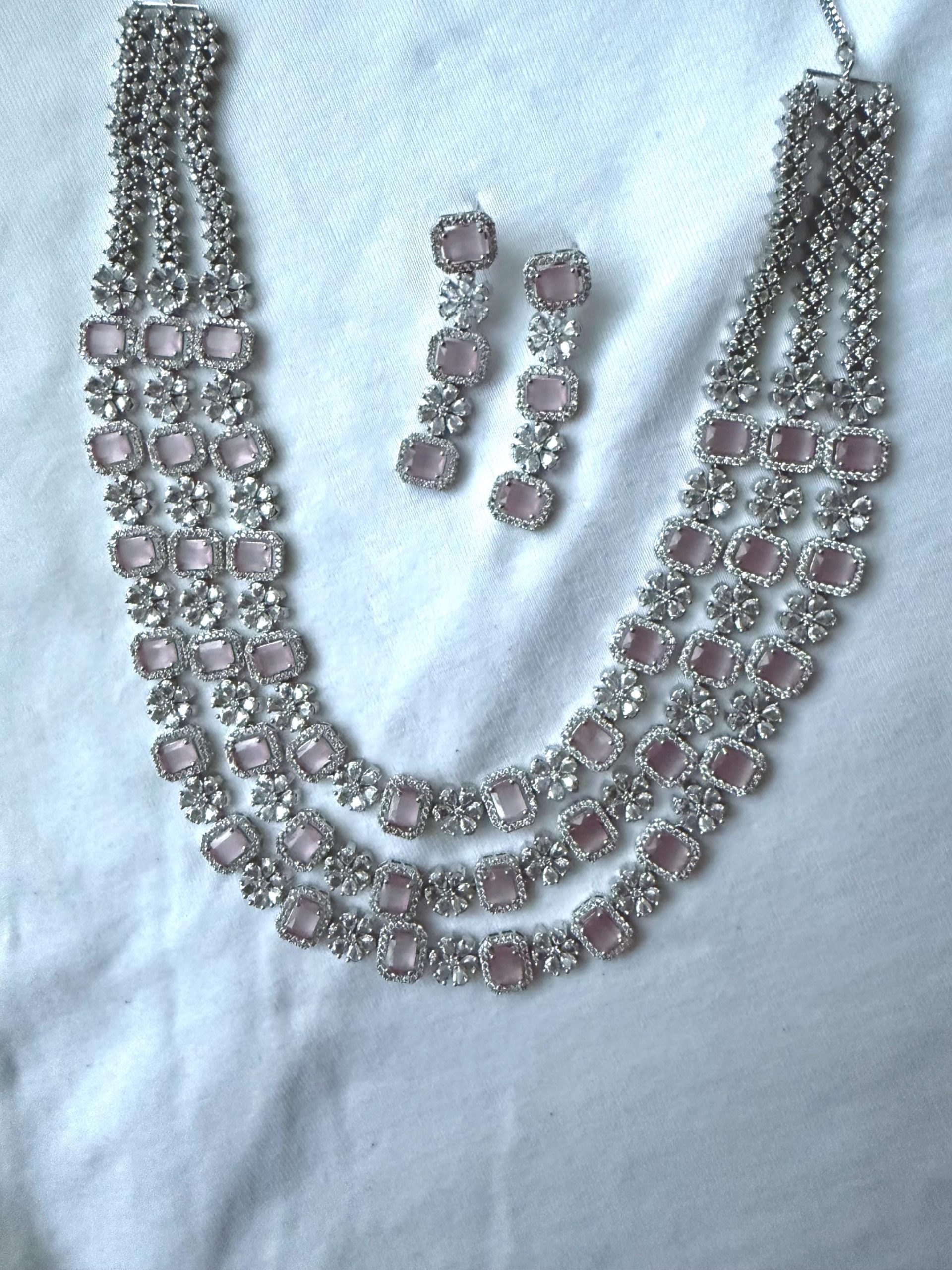 Light Pink Crystal Floral Necklace & Earrings Set | Silver Multi-Layer Bridal Jewelry | Wedding Party Statement Necklace | Gift for Her - Image 4