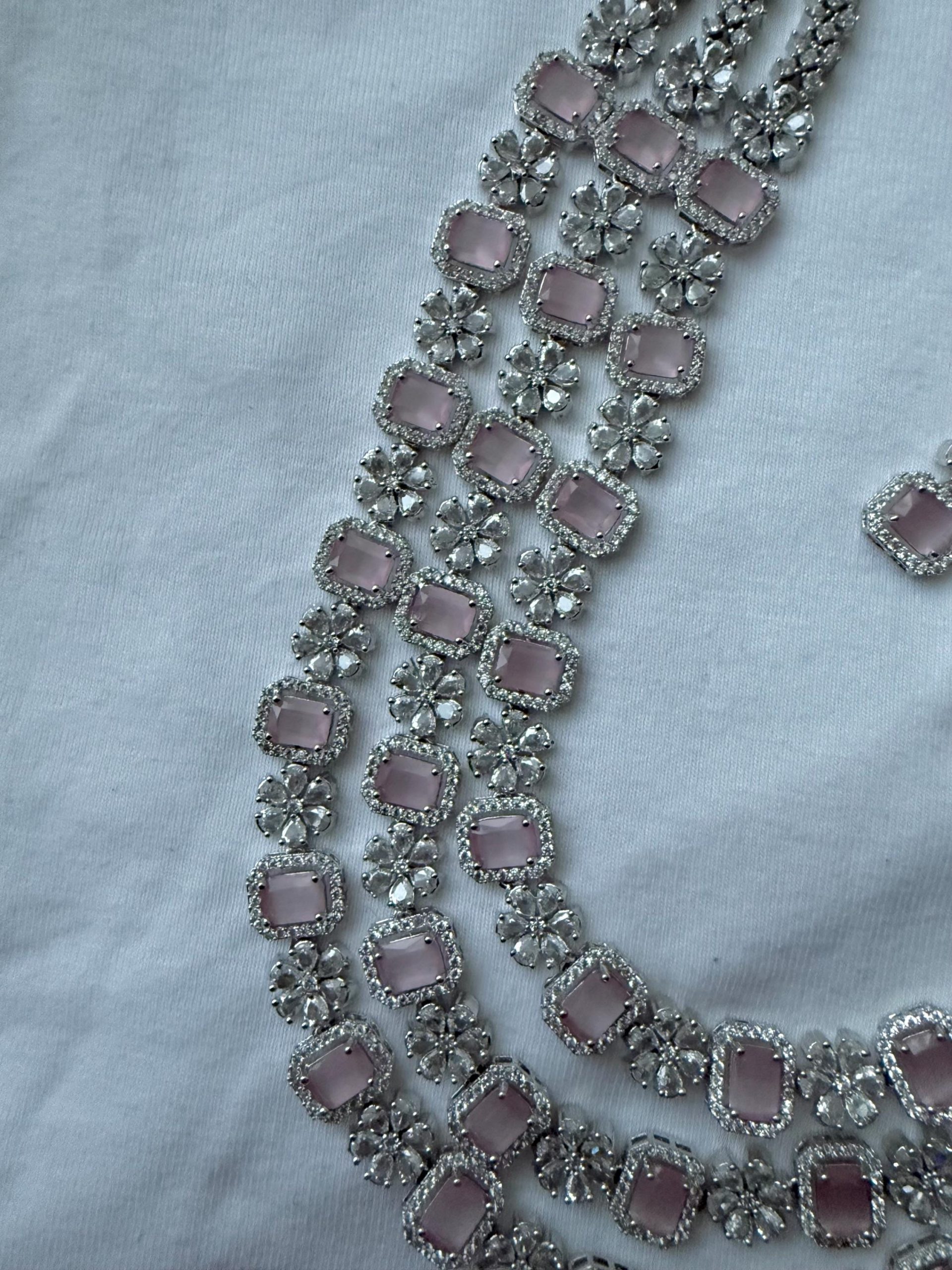 Light Pink Crystal Floral Necklace & Earrings Set | Silver Multi-Layer Bridal Jewelry | Wedding Party Statement Necklace | Gift for Her - Image 3