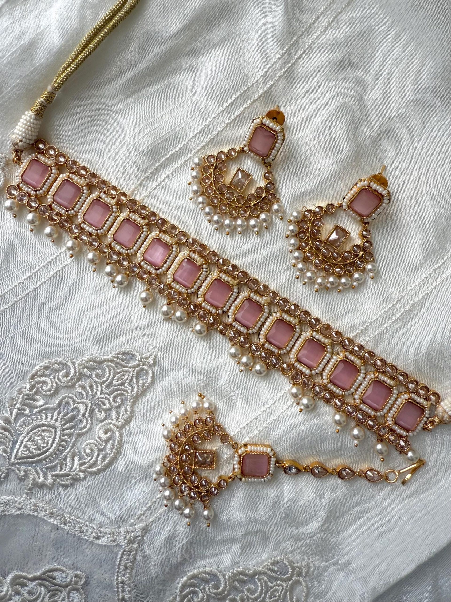 Blush Kundan Bridal Jewelry Set | Asian Gold Choker, Earrings & Tikka | Pearl Indian Wedding Set