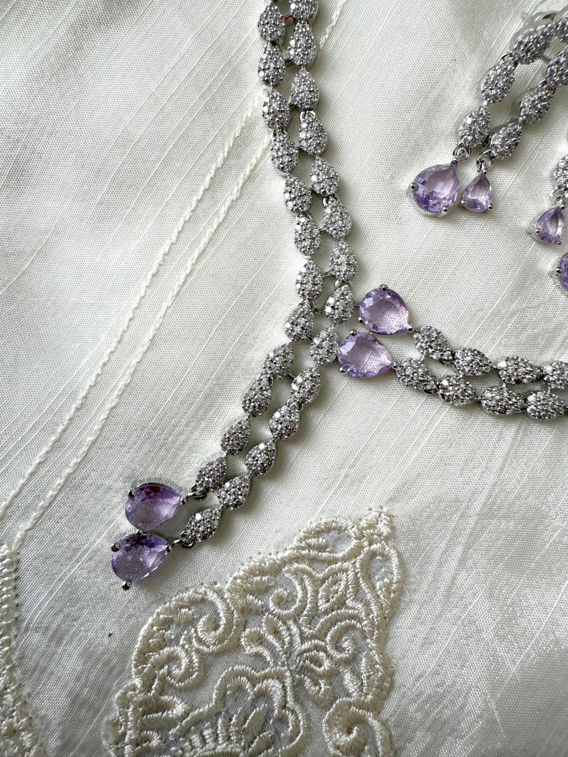 Lilac Crystal Necklace and Earrings Set | Silver Teardrop Bridal Jewelry | Elegant Bridesmaid Set - Image 3