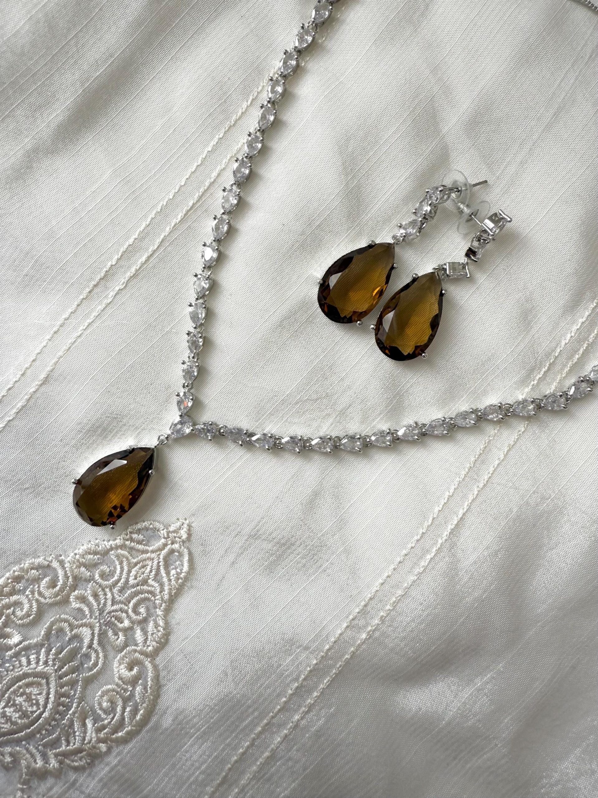 Amber Teardrop Necklace and Earrings Set | Vintage Crystal Bridal Jewelry | Evening Statement Set - Image 5