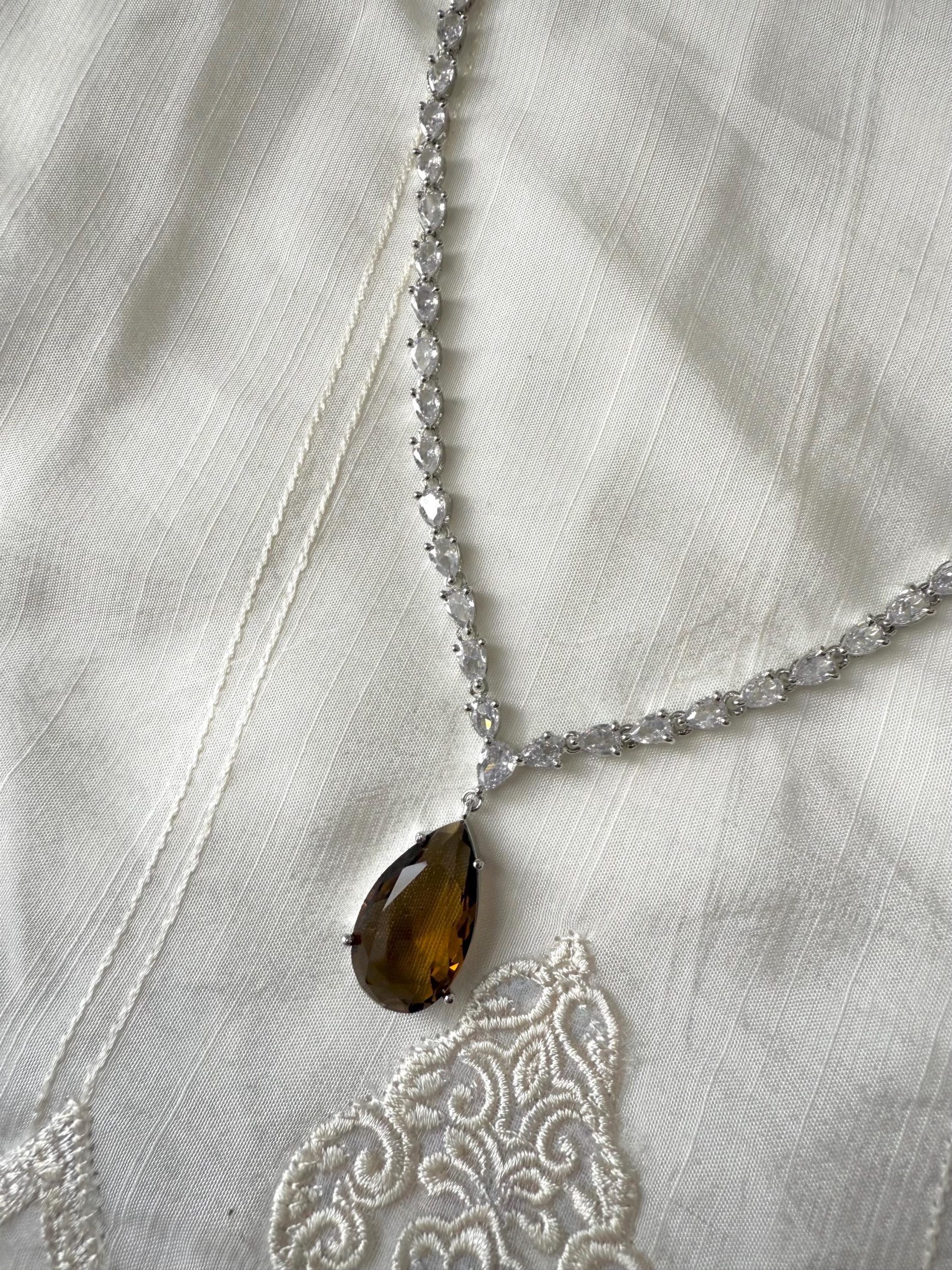 Amber Teardrop Necklace and Earrings Set | Vintage Crystal Bridal Jewelry | Evening Statement Set - Image 3
